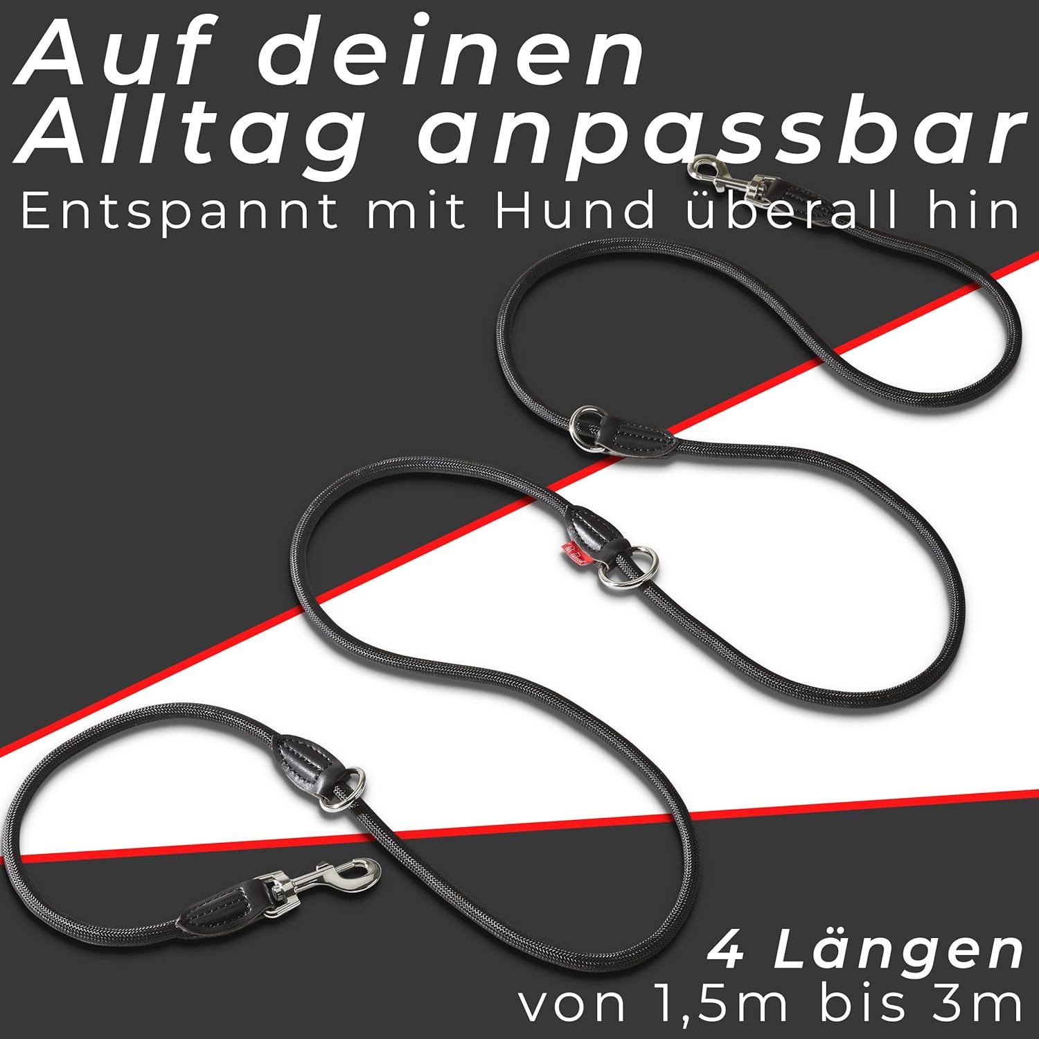 PetPatron verstellbare Hundeleine Nylon 1,5-3 m mit Lederdetails Schwarz