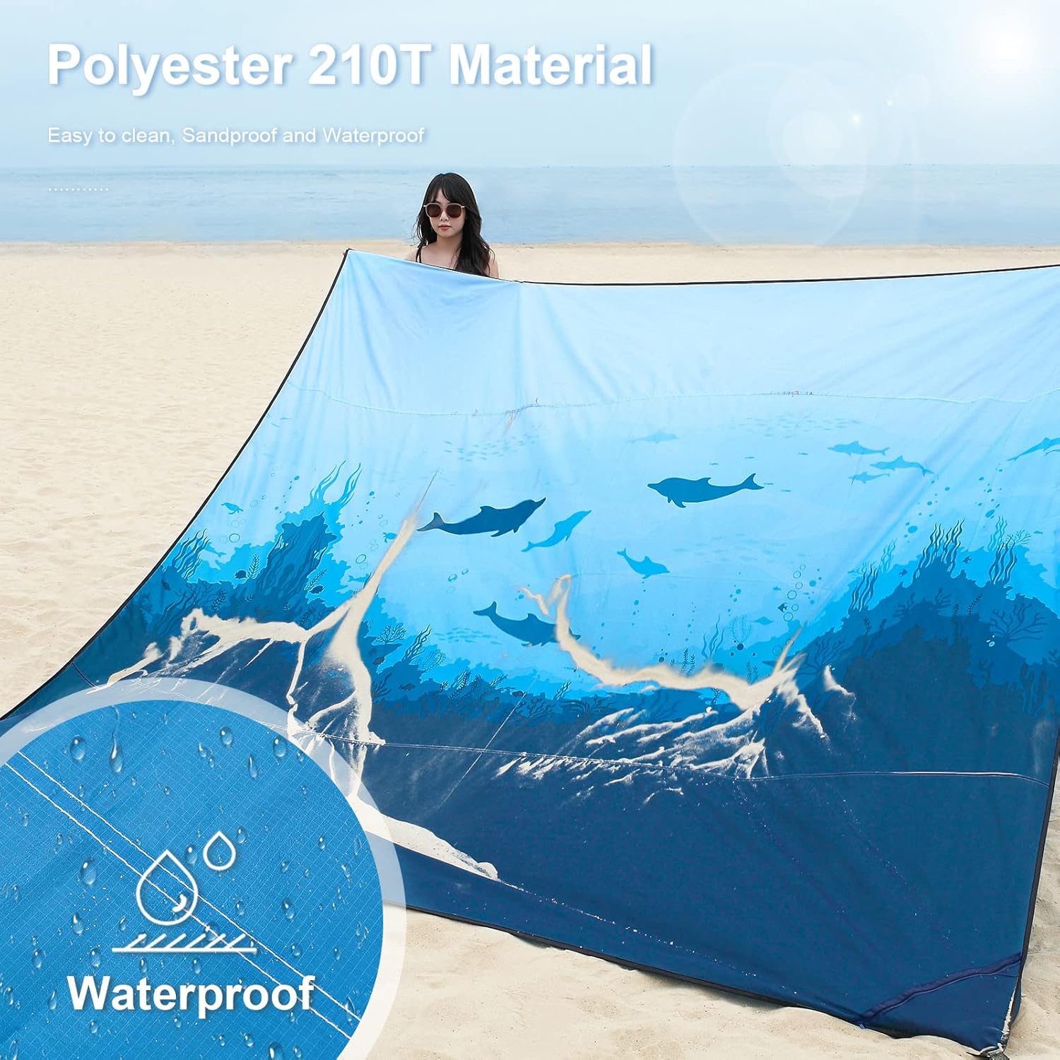 DEWUR Stranddecke sandfrei XXL 210x200 cm wasserdicht Picknickdecke Sea Fish
