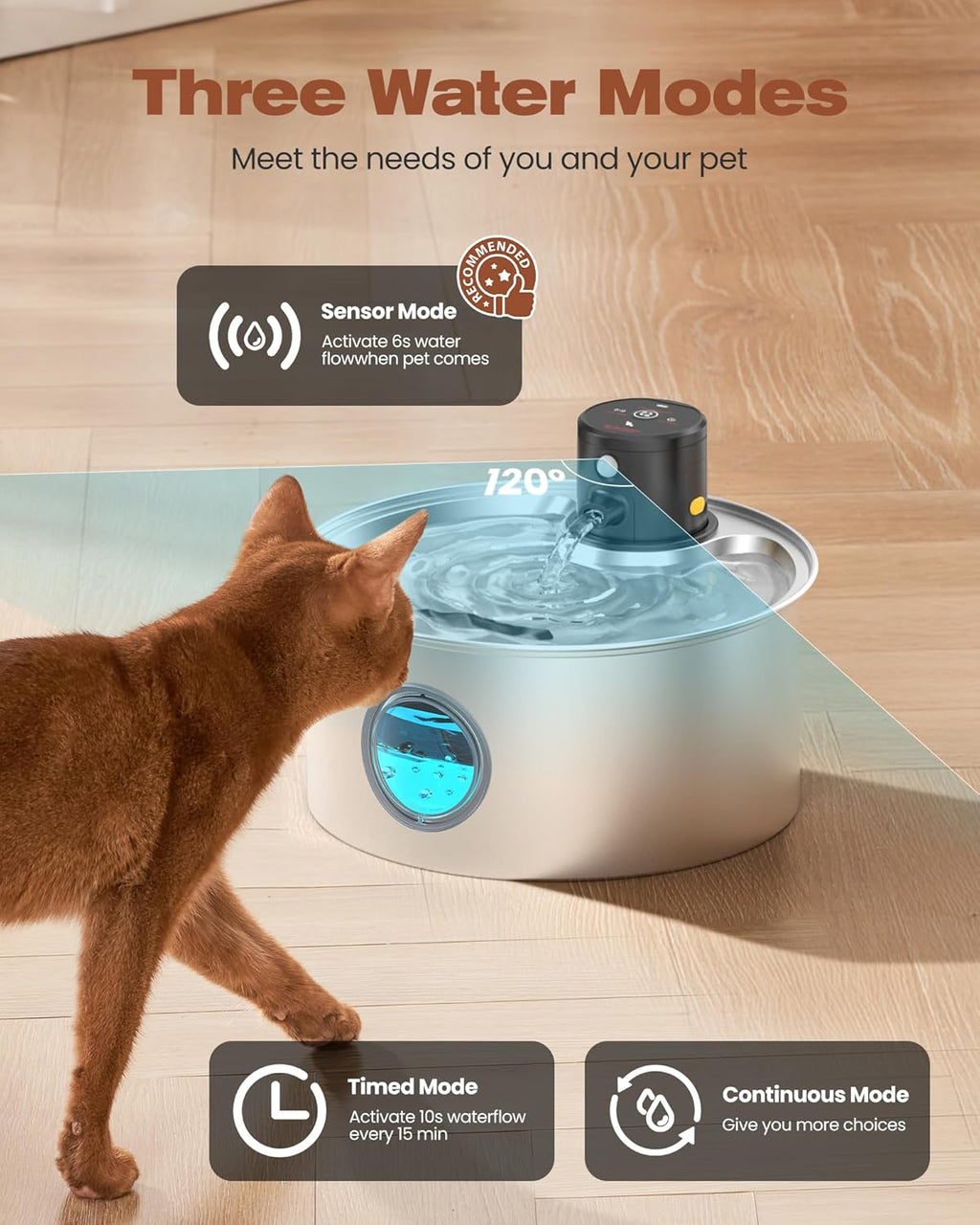 Katzentrinkbrunnen Edelstahl mit Sensor, kabellos, 9 Filter, fuer Katze Hun