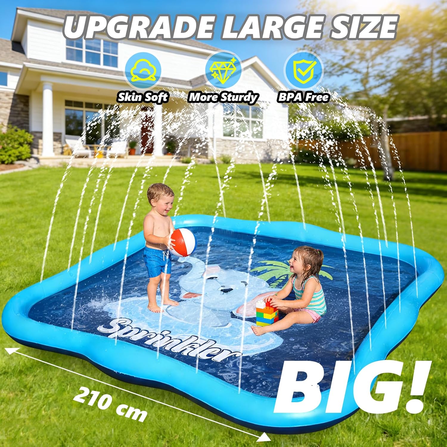 Luxfero Spritzmatte 210 cm Elefant Wasser-Spielmatte mit verstellbarer Duese