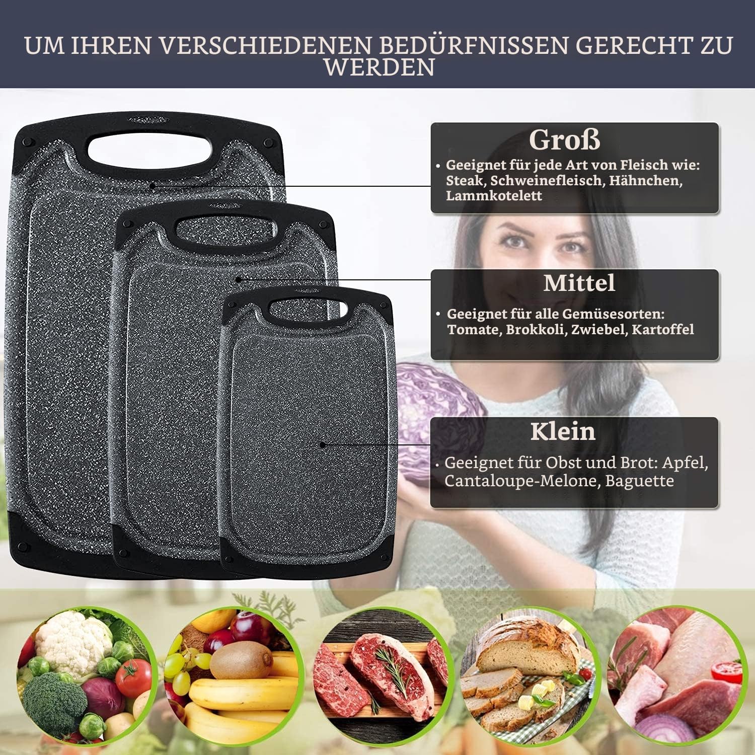 KIMIUP Schneidebrett Set 3-teilig Kunststoff rutschfest spuelmaschinenfest