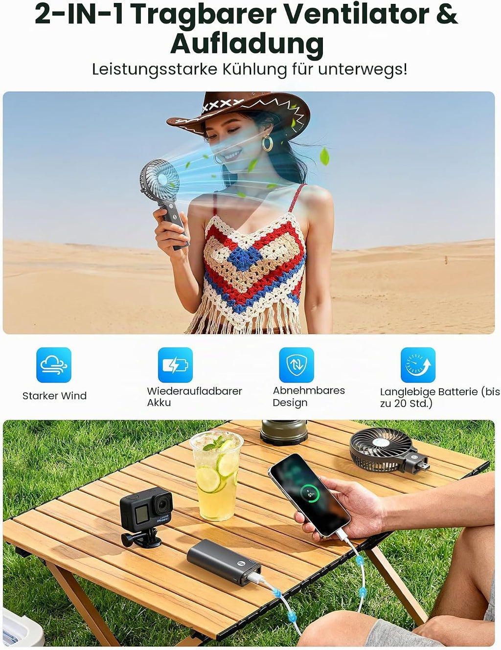 HandFan 5200mAh Akku Ventilator 3 Stufen 180° faltbar USB Powerbank