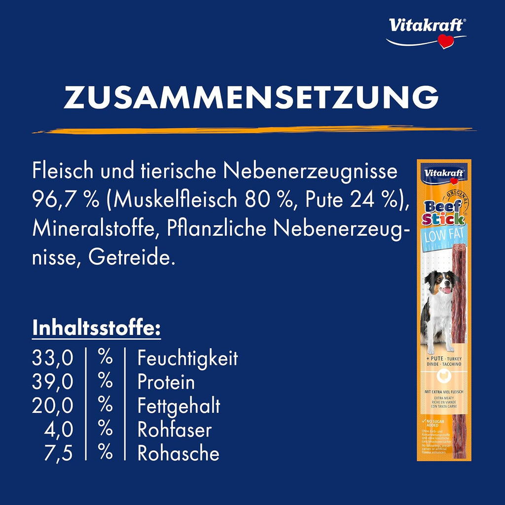 Vitakraft Beef Stick Low Fat Pute Hundeleckerli 50×12 g Training