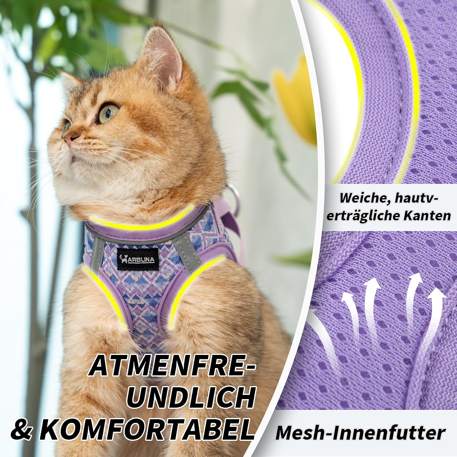 Arblina Katzengeschirr weich atmungsaktiv mit Reflektor und Leine in mehreren Farben