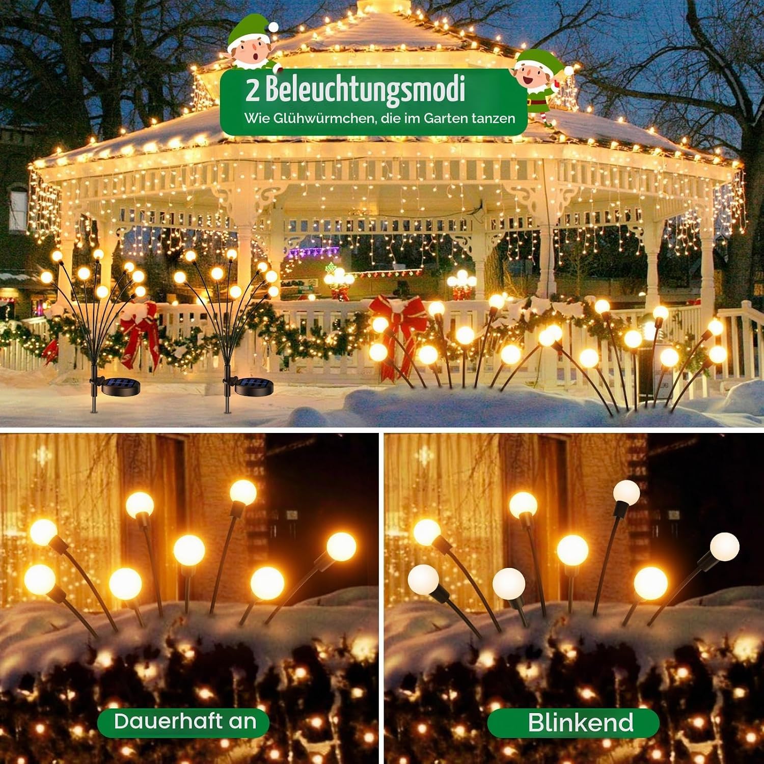 GEARLITE Firefly Solarlampen 4er Set, 32 LED Warmweiss, IP65 Gartenbeleuchtung