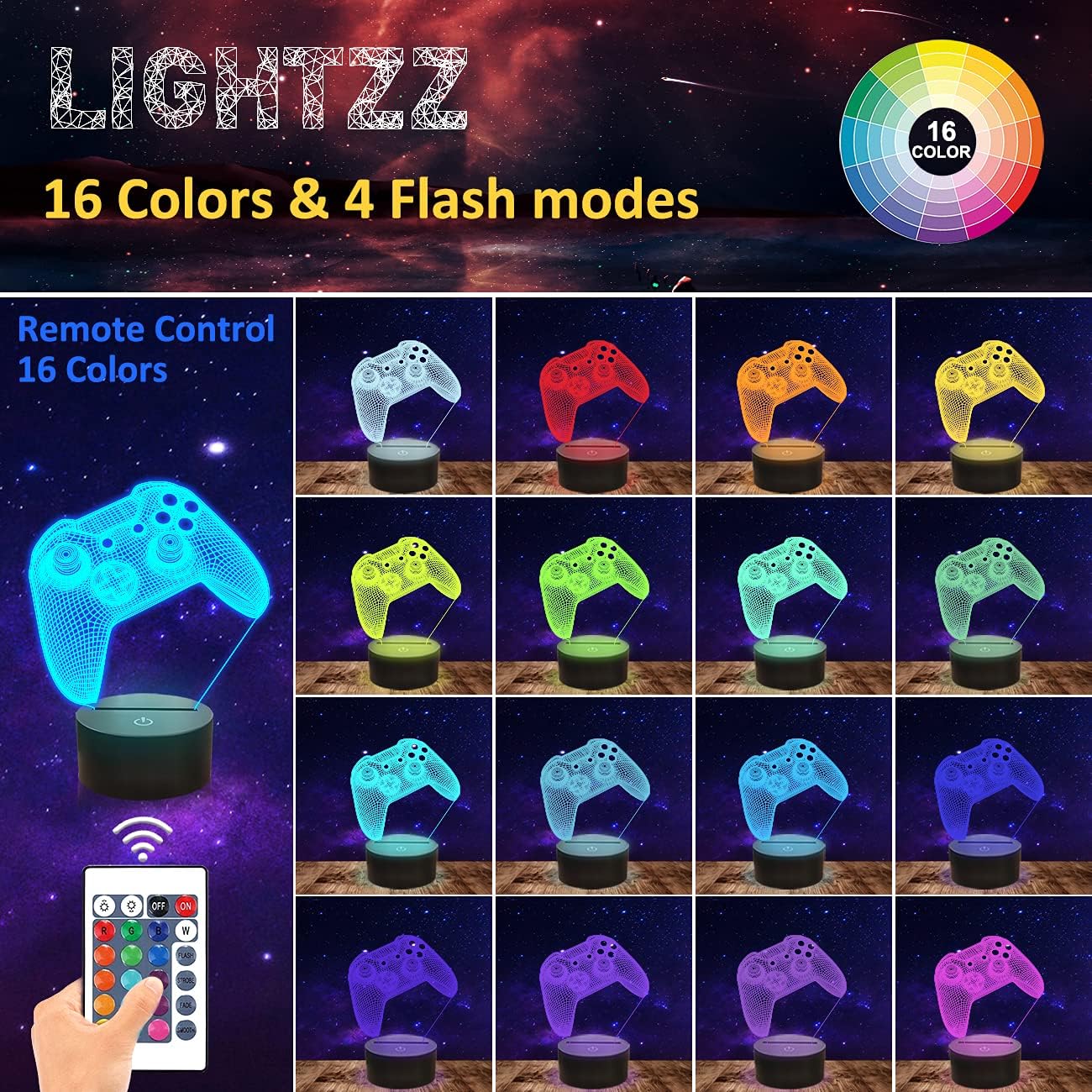 Lightzz 3D Gamepad Nachtlicht 16 Farben Touch Fernbedienung Timer