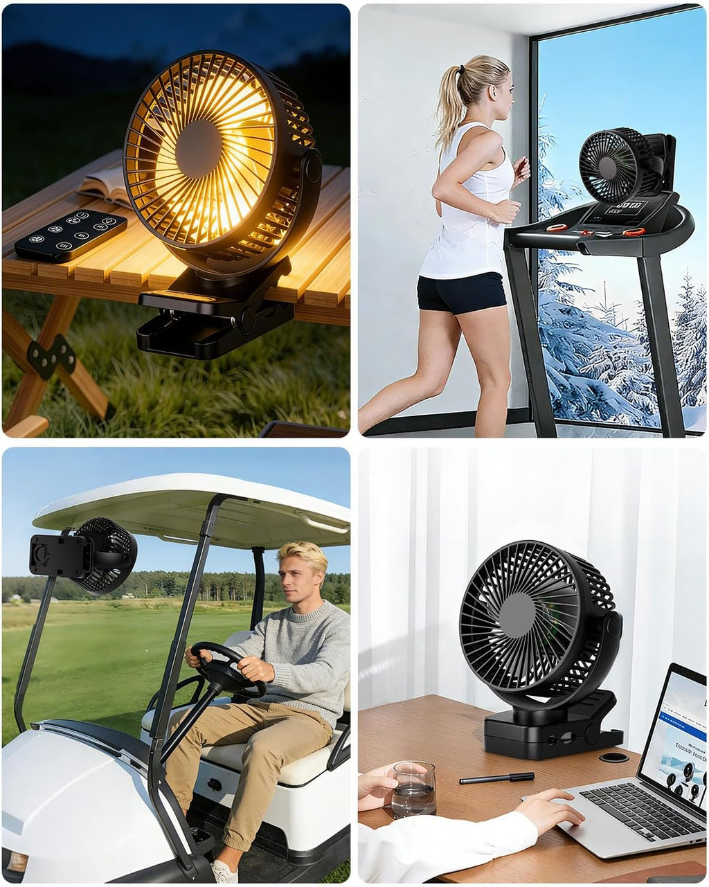 USB Tischventilator mit 12000mAh Akku, Clip, Fernbedienung, Licht, Timer, 360°