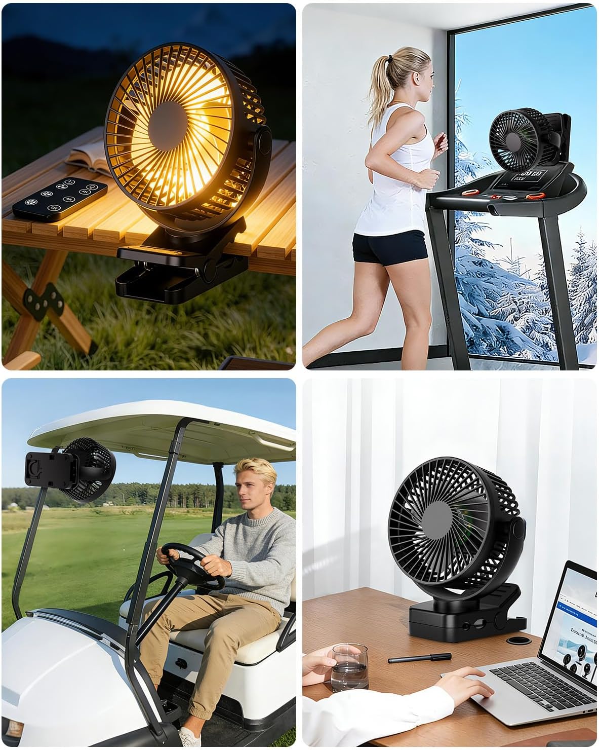 USB Tischventilator mit 12000mAh Akku, Clip, Fernbedienung, Licht, Timer, 360°