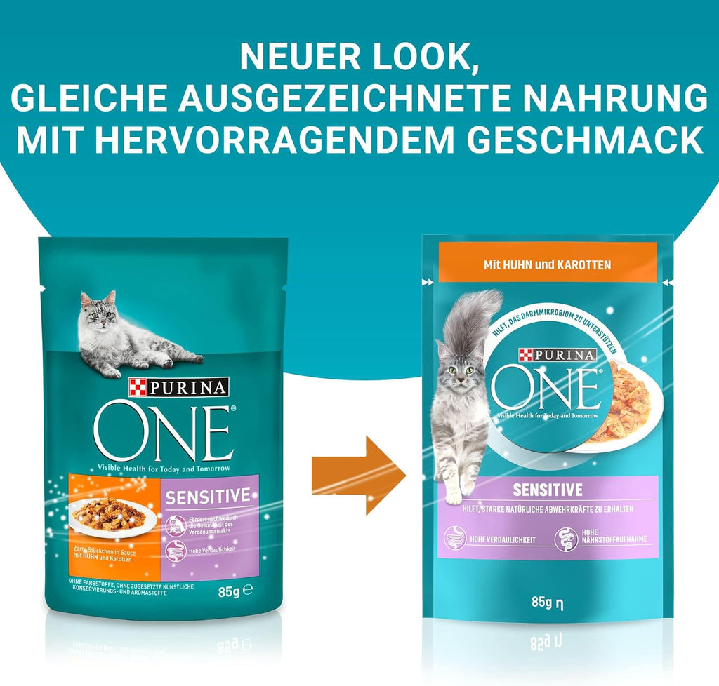 Purina ONE Sensitive Katzenfutter nass Huhn 26 x zarte Stueckchen in Sauce 85