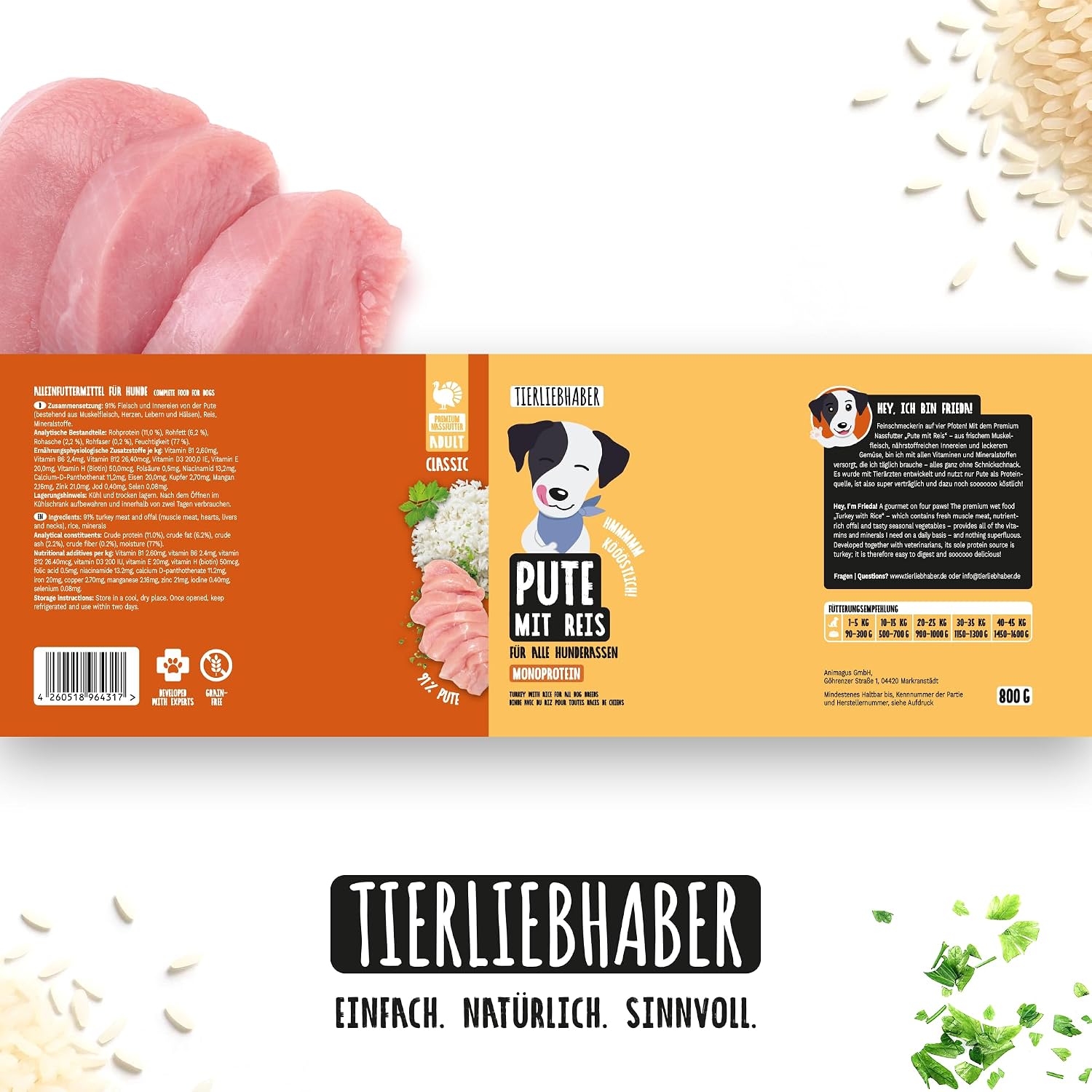 Tierliebhaber Hundefutter Nass Dose Pute mit Reis 91% Fleisch