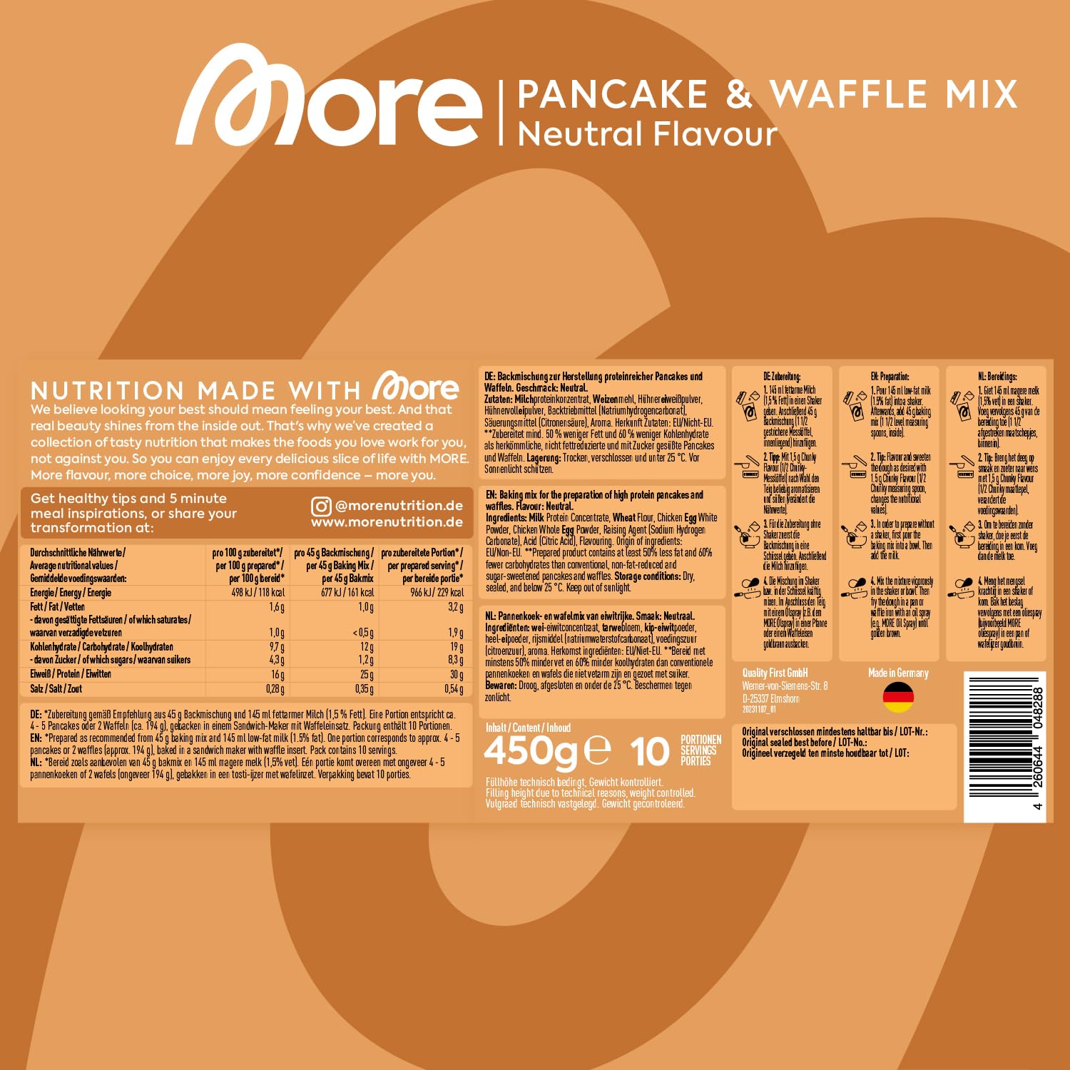 MORE Protein Pancake & Waffel Mix 450 g Neutral ohne Zuckerzusatz