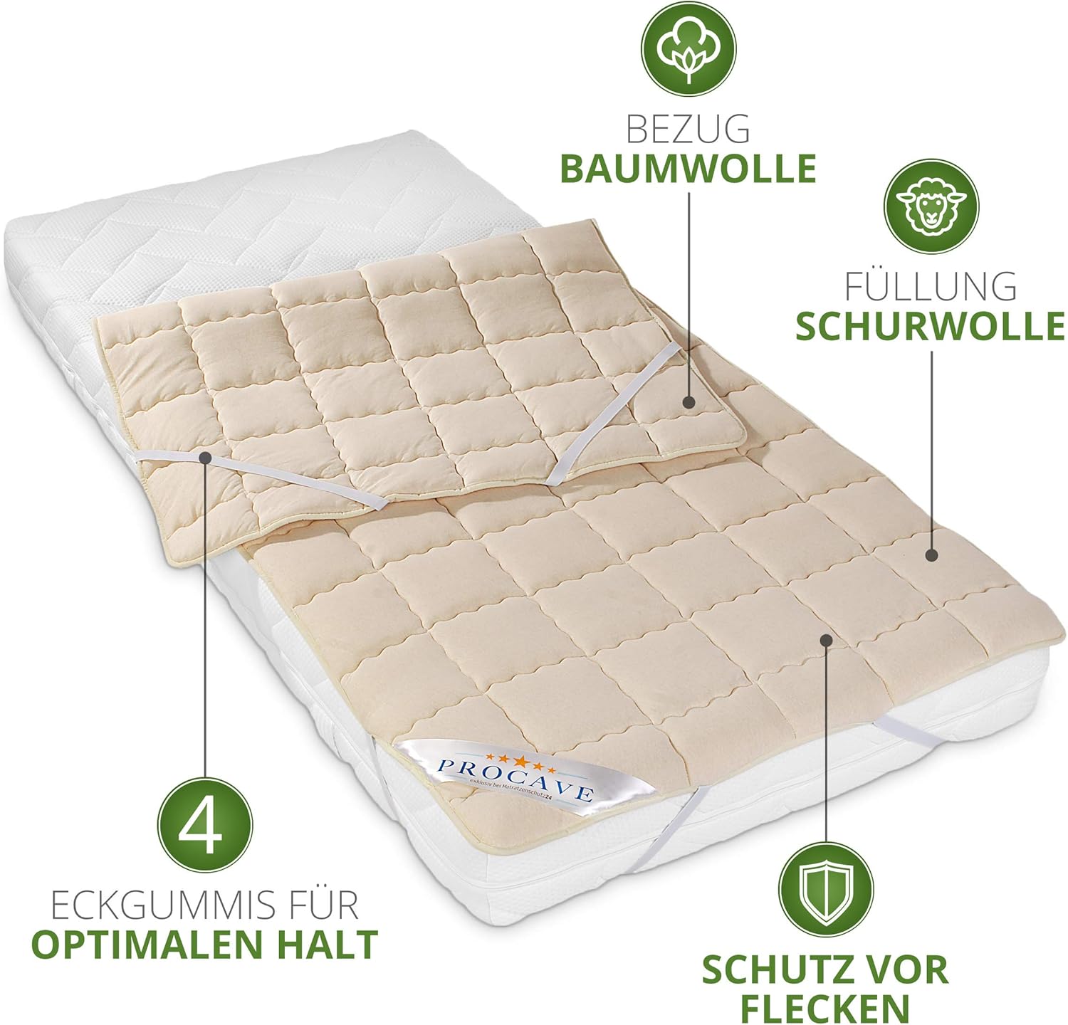PROCAVE weiches Unterbett aus Schurwolle, atmungsaktiver Matratzen-Schoner, Matr