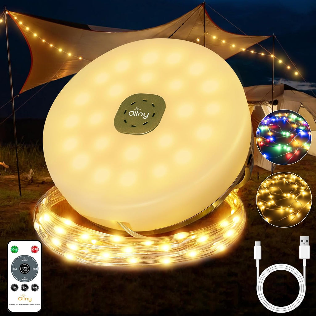 Ollny Camping Lichterkette 10m Aufrollbar Wiederaufladbar 8 Modi Dimmbar