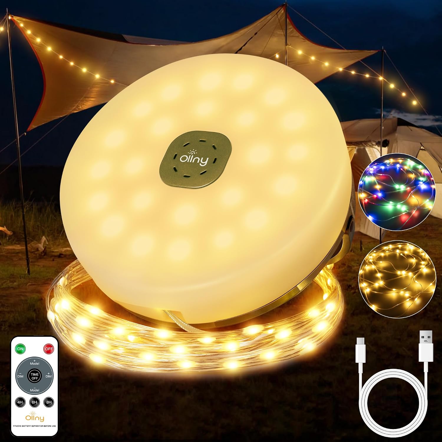 Ollny Camping Lichterkette 10m Aufrollbar Wiederaufladbar 8 Modi Dimmbar
