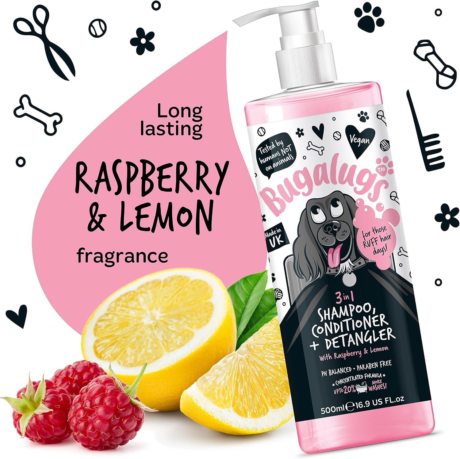 BUGALUGS Hundeshampoo 3‑in‑1 Reinigung Pflege Entwirrung Himbeer Zitrone -5