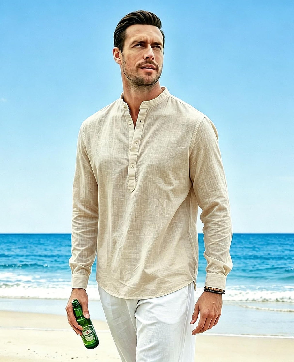 Cegerne Herren Leinenhemd Langarm Henley Sommerhemd Freizeit Strand S-3XL