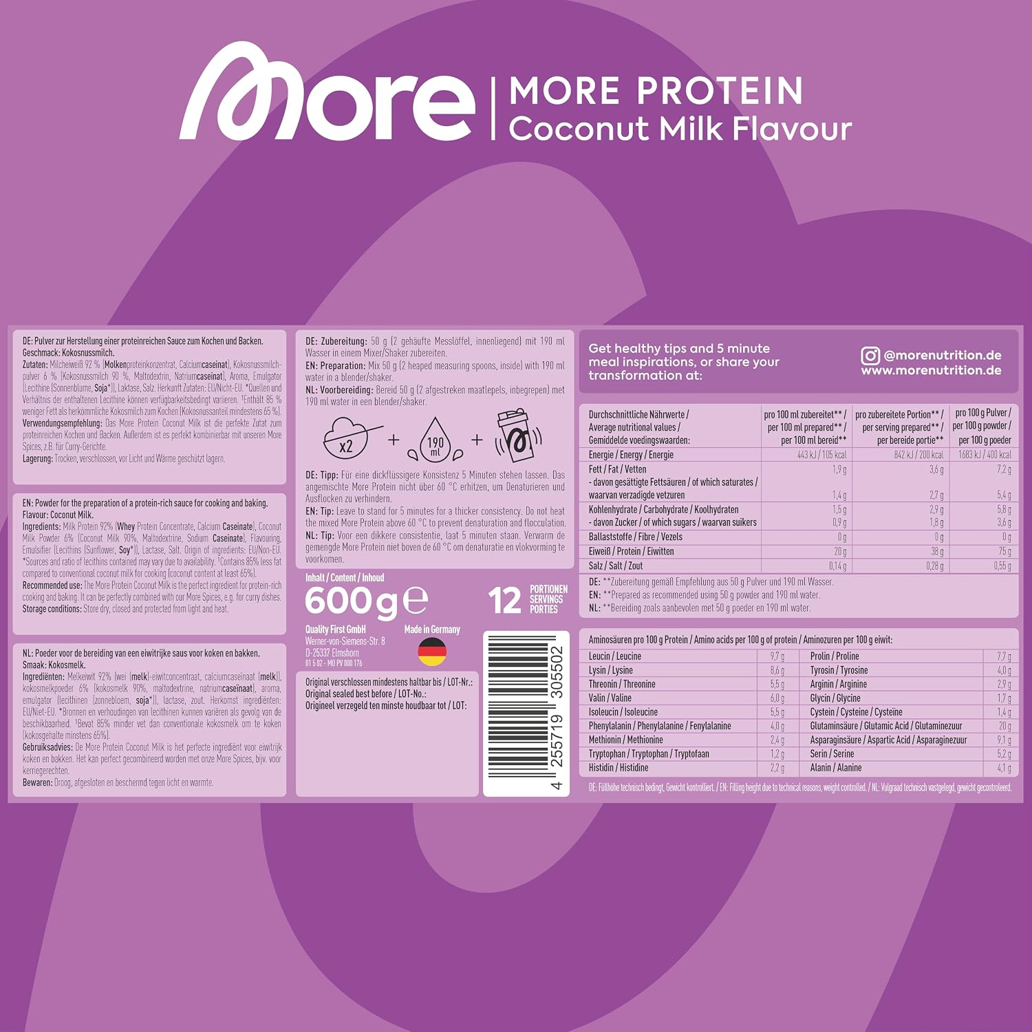 MORE Protein Sahne Pulver Whey-Konzentrat & Casein mit Laktase verschi
