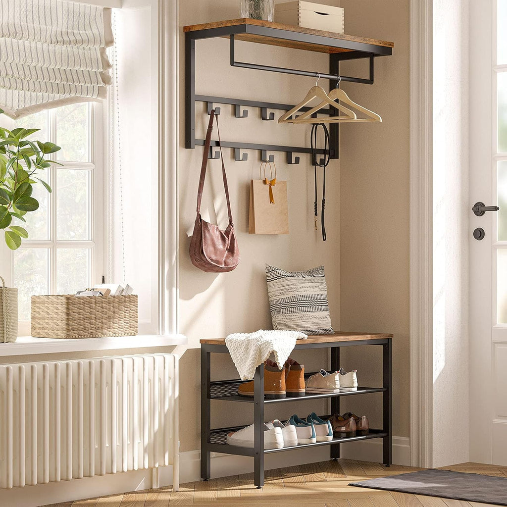 Hoobro Wandgarderobe 42cm mit Ablage und 10 Haken Industriestil