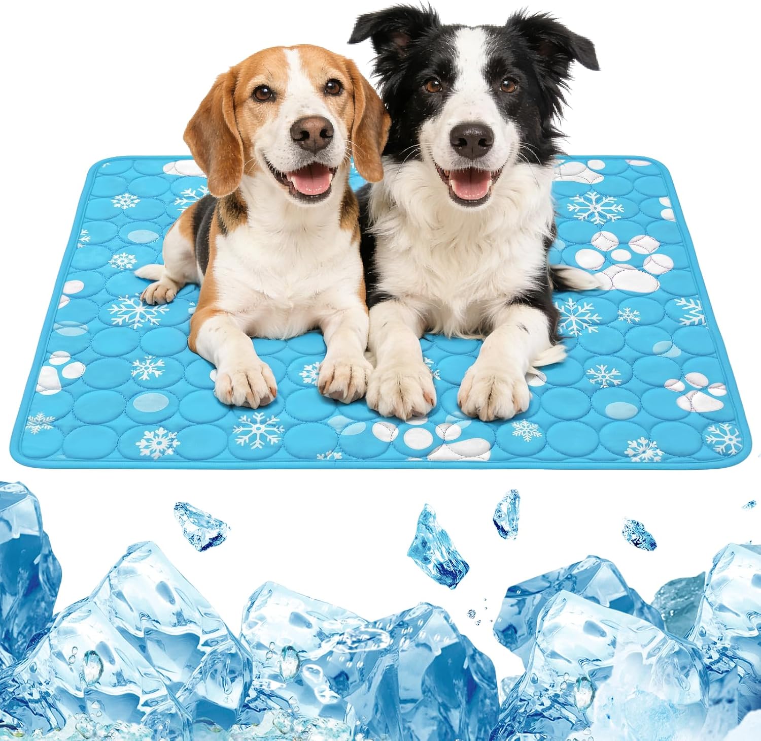 Kühlmatte Hund 100x70 cm Blau mit Schneeflocken und Pfotenmuster