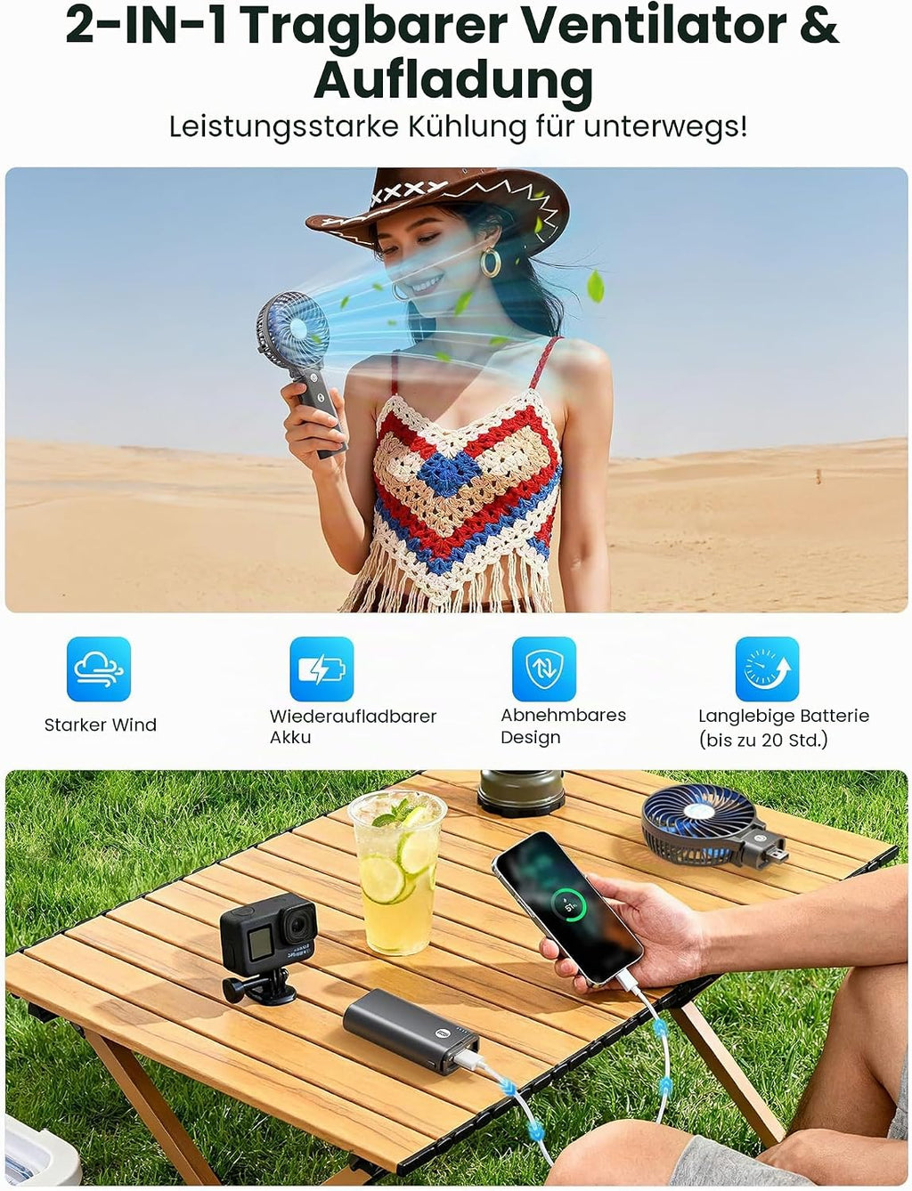 HandFan 5200mAh Akku Ventilator 3 Stufen 180° faltbar USB Powerbank