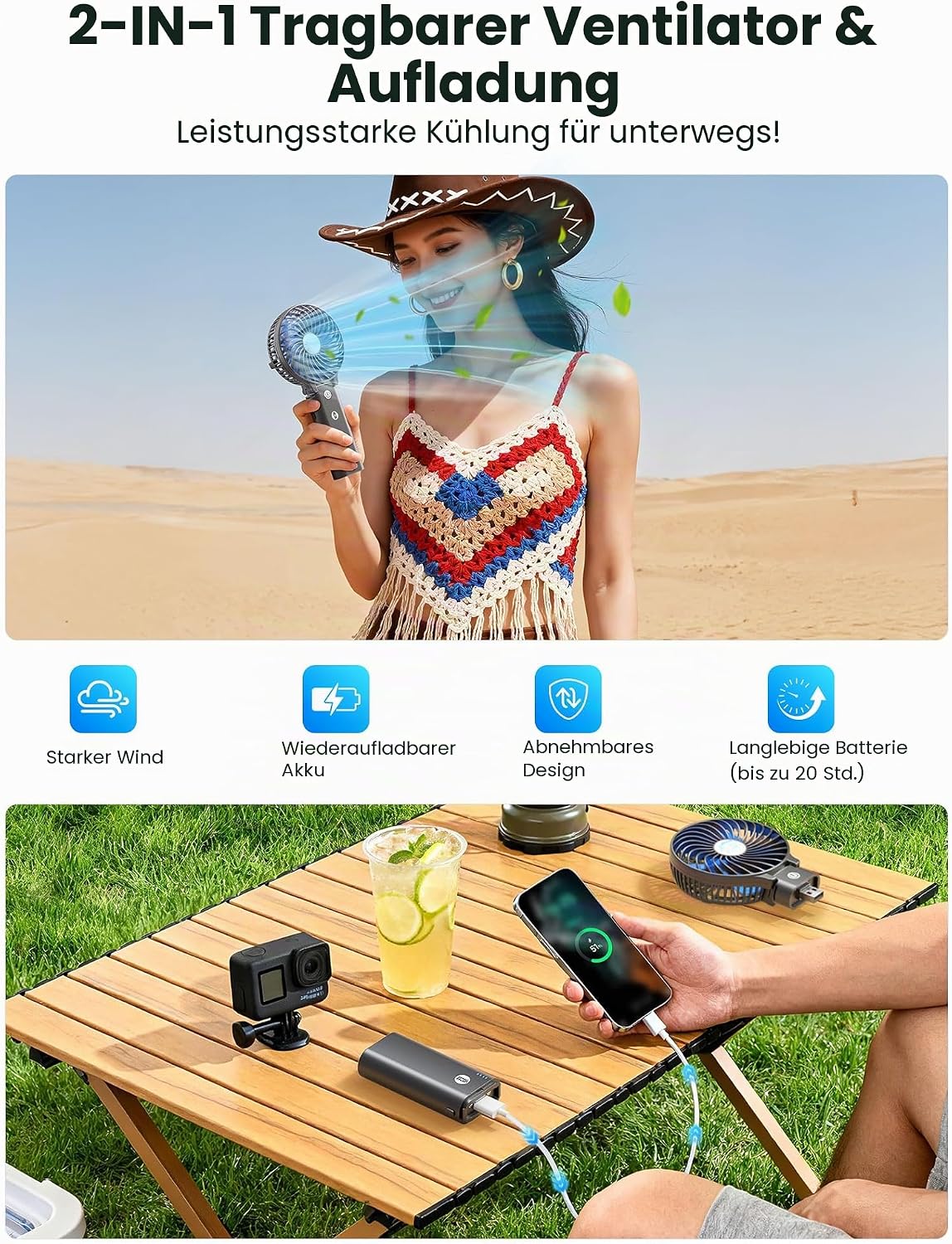 HandFan 5200mAh Akku Ventilator 3 Stufen 180° faltbar USB Powerbank