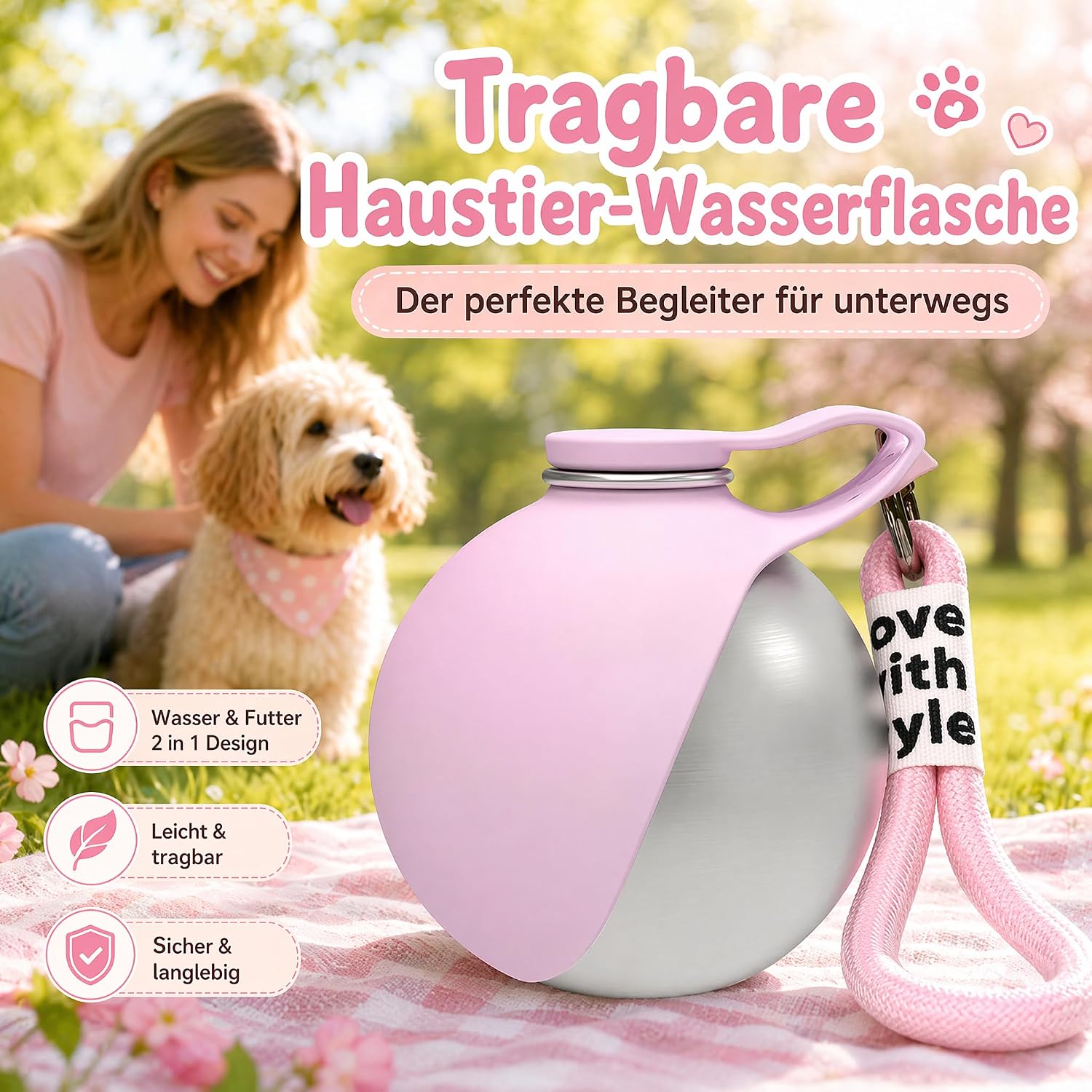 Hunde Trinkflasche 285ml Edelstahl mit faltbarem Silikonnapf auslaufsicher