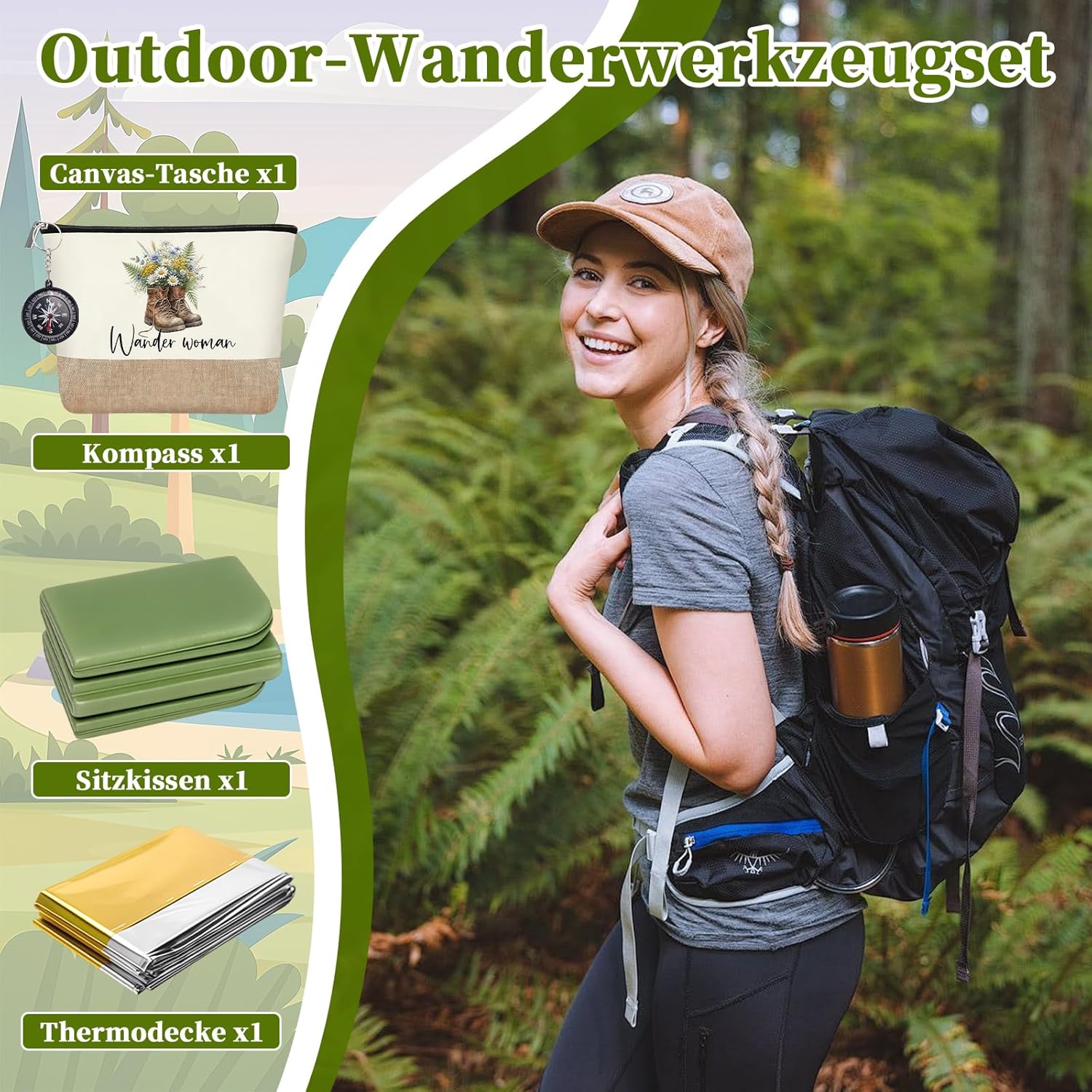 Wander-Set Damen 4-teilig: Kosmetiktasche, Sitzkissen, Kompass, Waermedecke