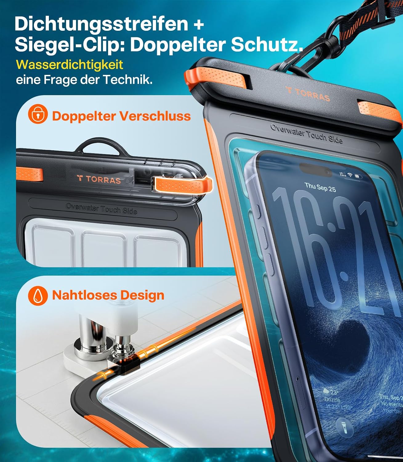 TORRAS Wasserdichte Handyhuelle IPX8 7,9" schwimmend Touch bedienbar Schwarz