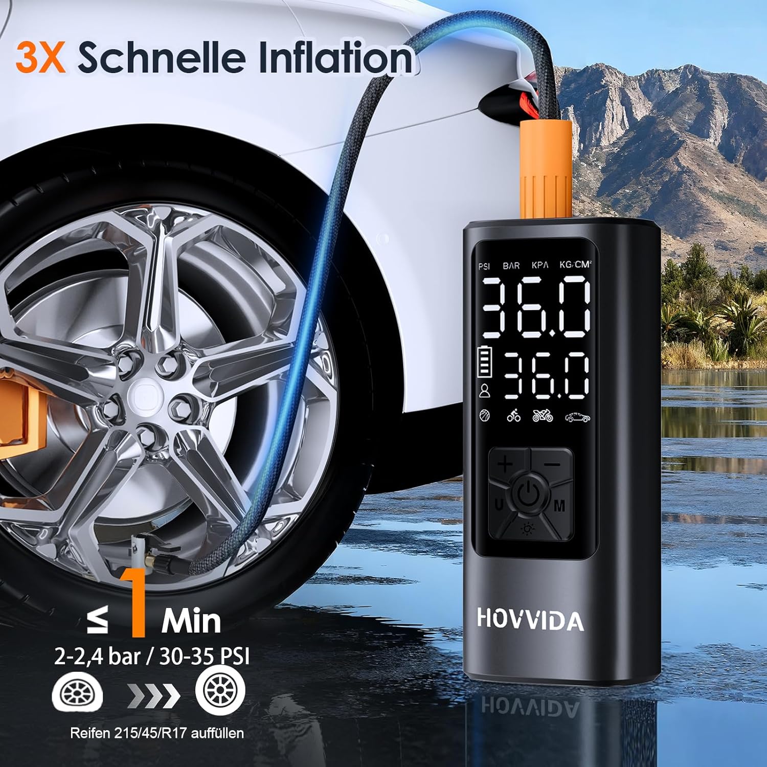 HOVVIDA Akku-Kompressor 10,3 Bar Digitales Reifendruckgeraet fuer Auto Fahrrad E-B