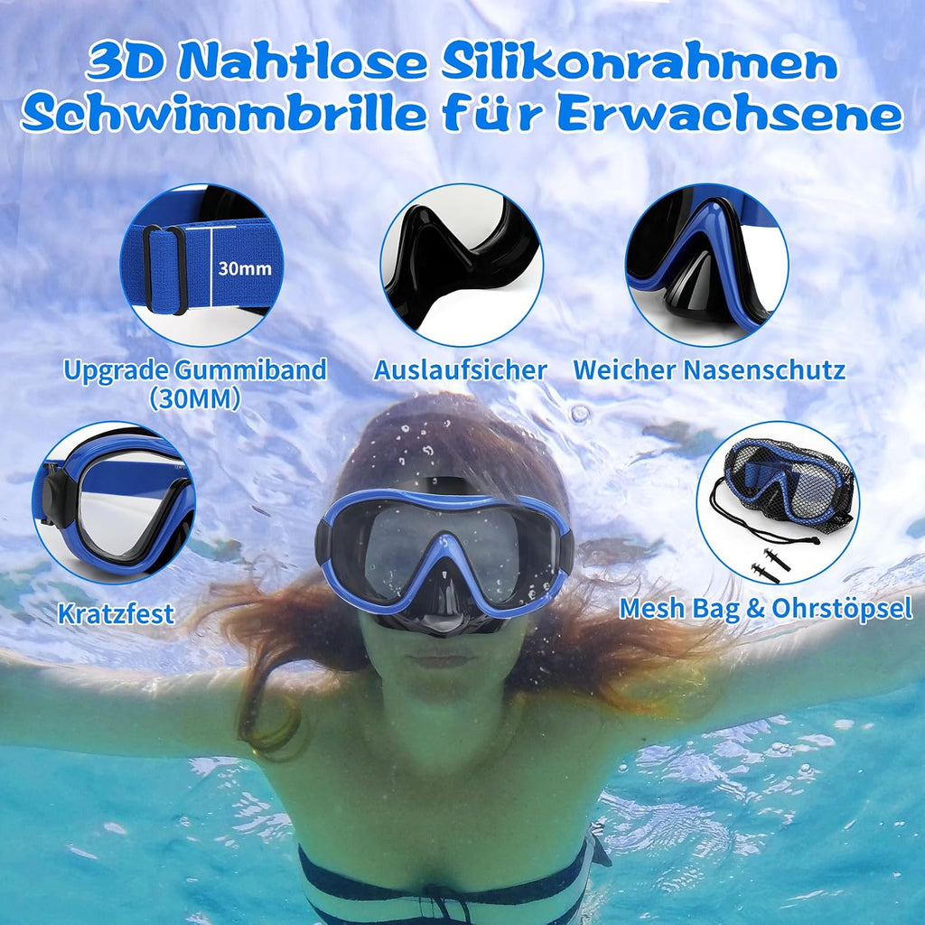 Taucherbrille Erwachsene 180° Weitwinkel Antibeschlag HD Glas Stoffband