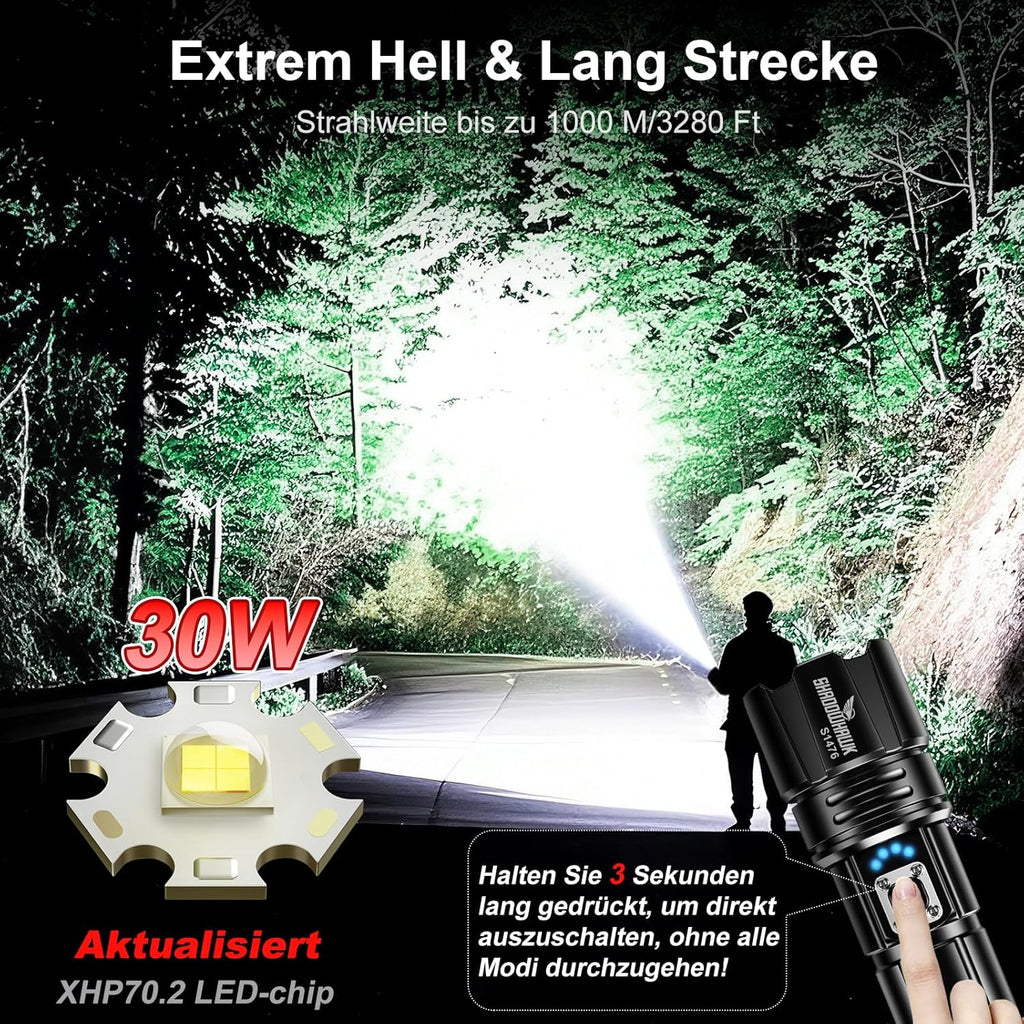 Shadowhawk Taschenlampe LED XHP70.2 500000 Lumen USB Aufladbar IP67 5 Modi