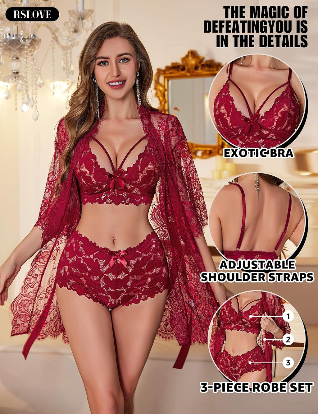 Damen Nachtwaesche Set Spitze Sexy Unterwaesche mit Morgenmantel S-XL