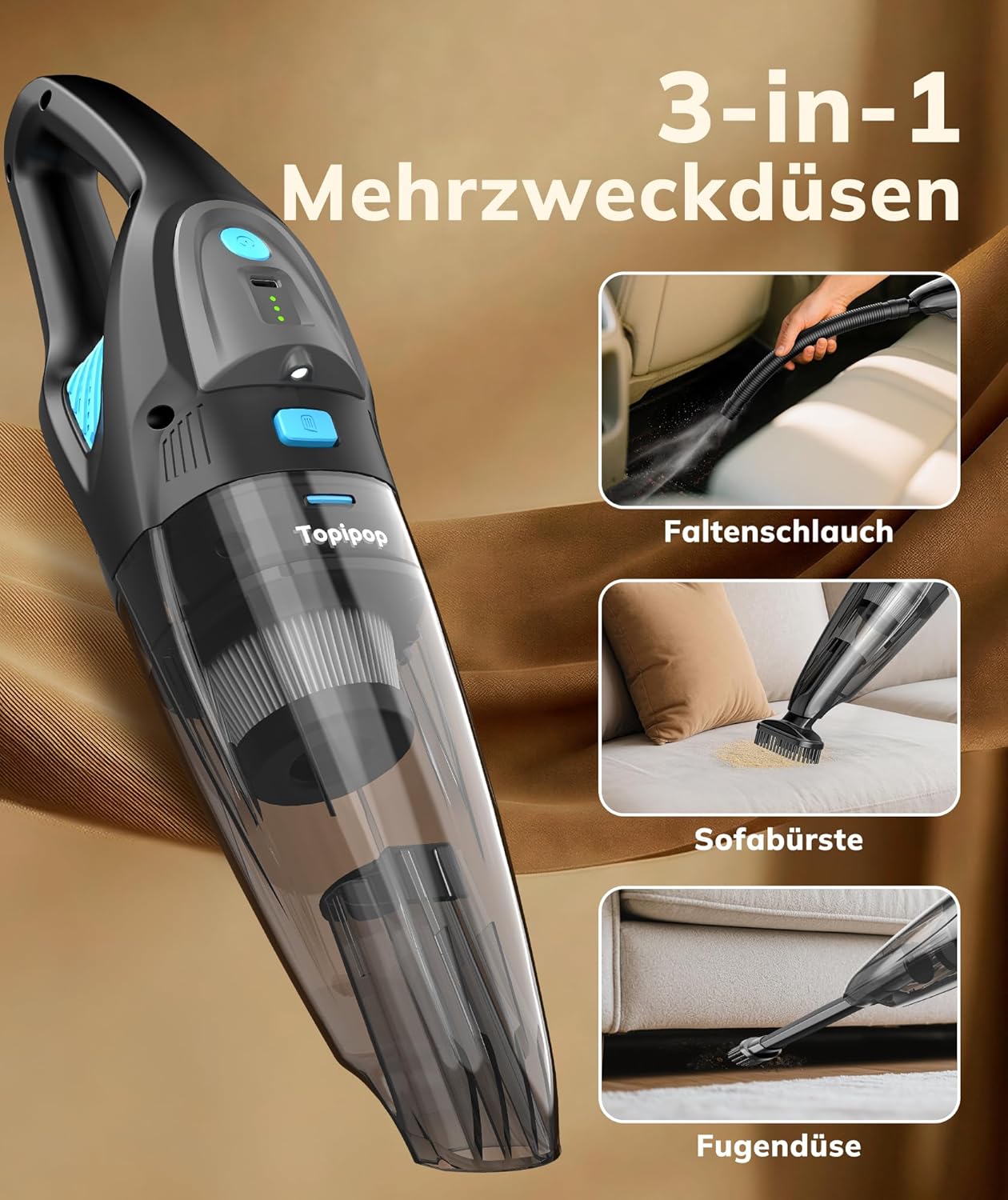 Akku-Handstaubsauger 25000 Pa HEPA-Filter Zubehoer Kabellos Schwarz