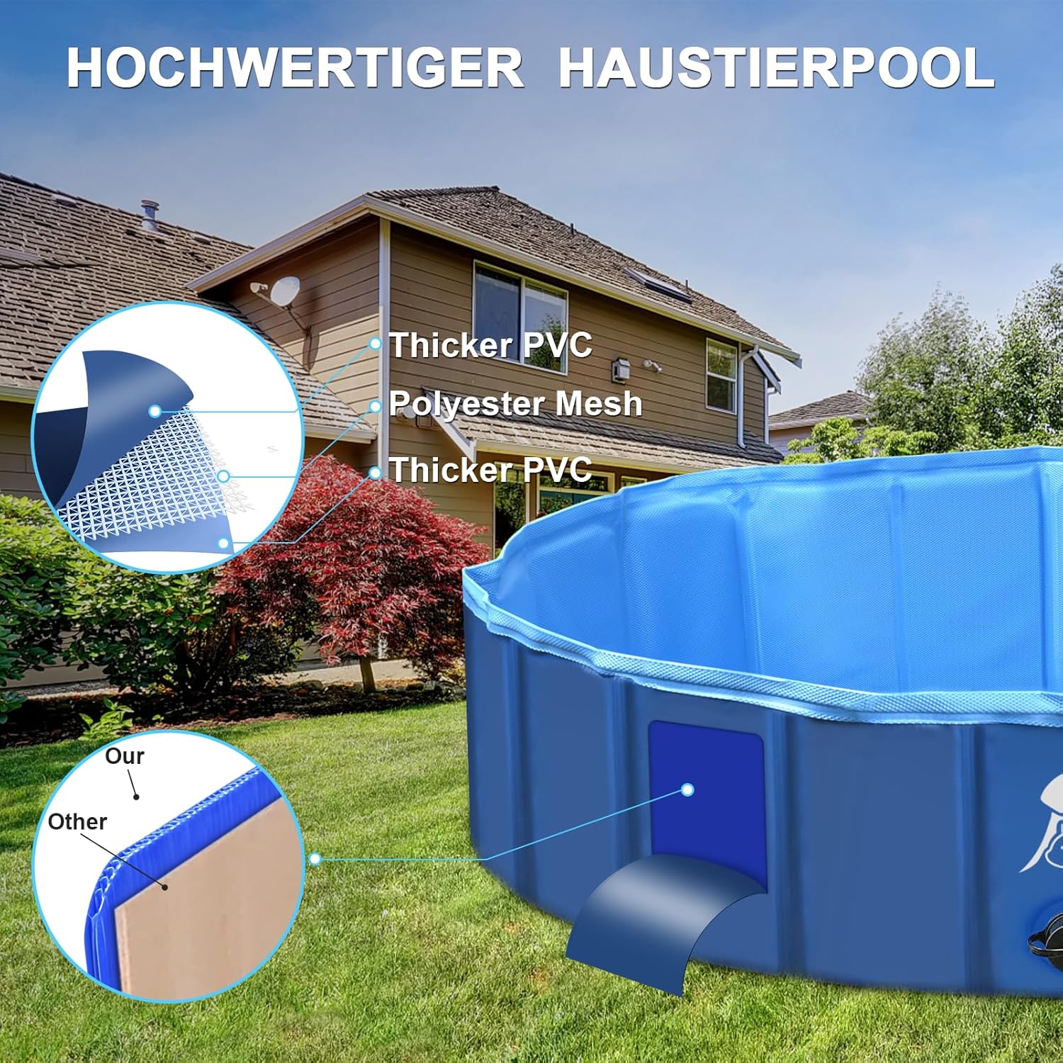 Fwiull Hundepool faltbar 120x30 cm - rutschfester Hundebadewanne Pool blau 80cm