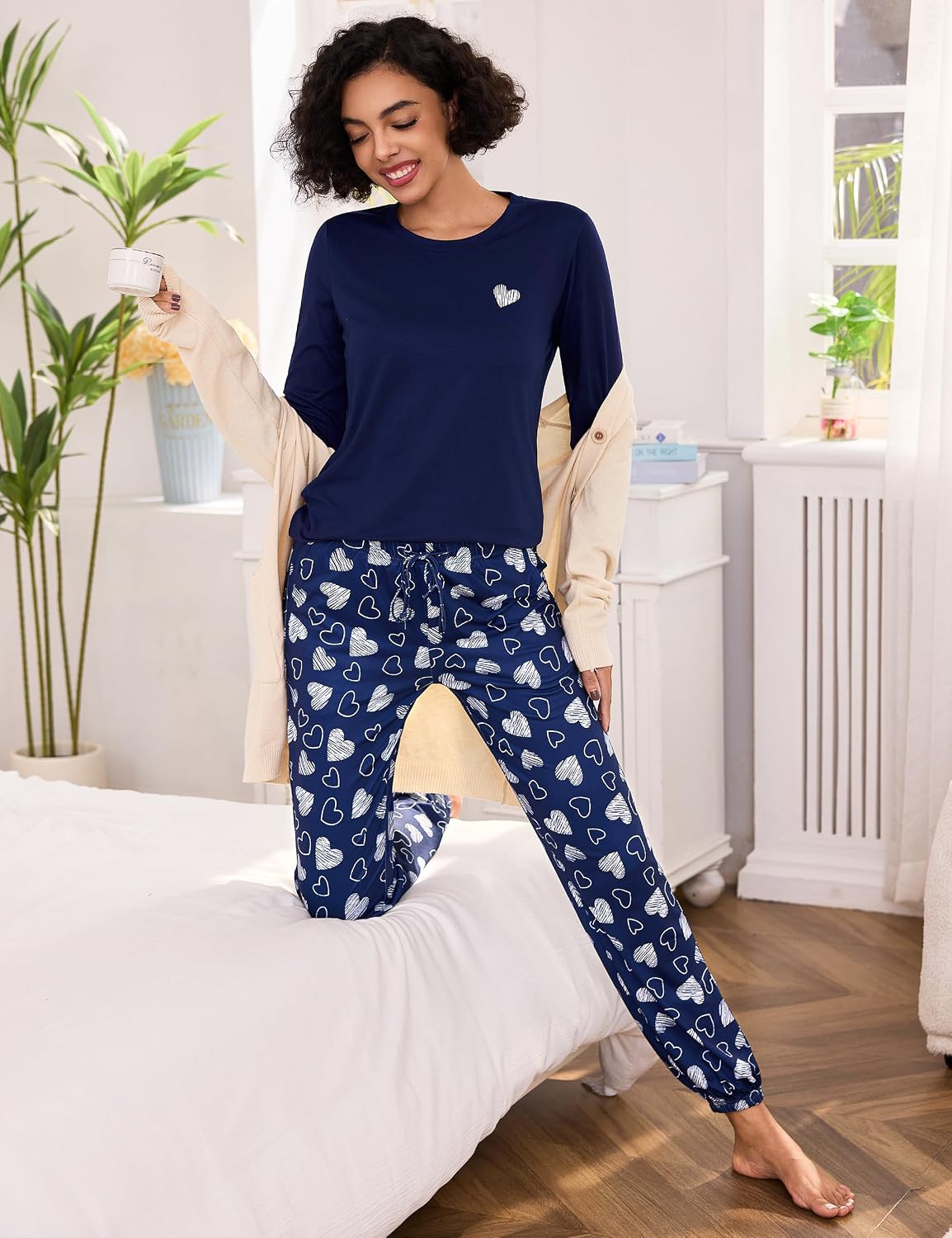 Damen Schlafanzug lang Baumwolle Winter Pyjama Set Herz‑Print Tasche S-XXL