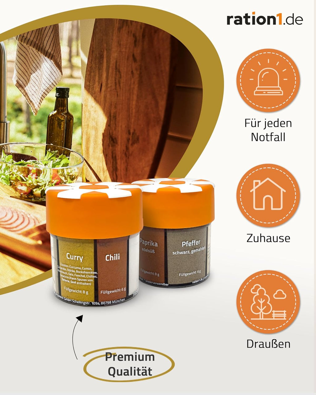 ration1 Gewuerzstreuer 6-in-1 Set XXL fuer Camping Wandern Gewuerz-Organizer