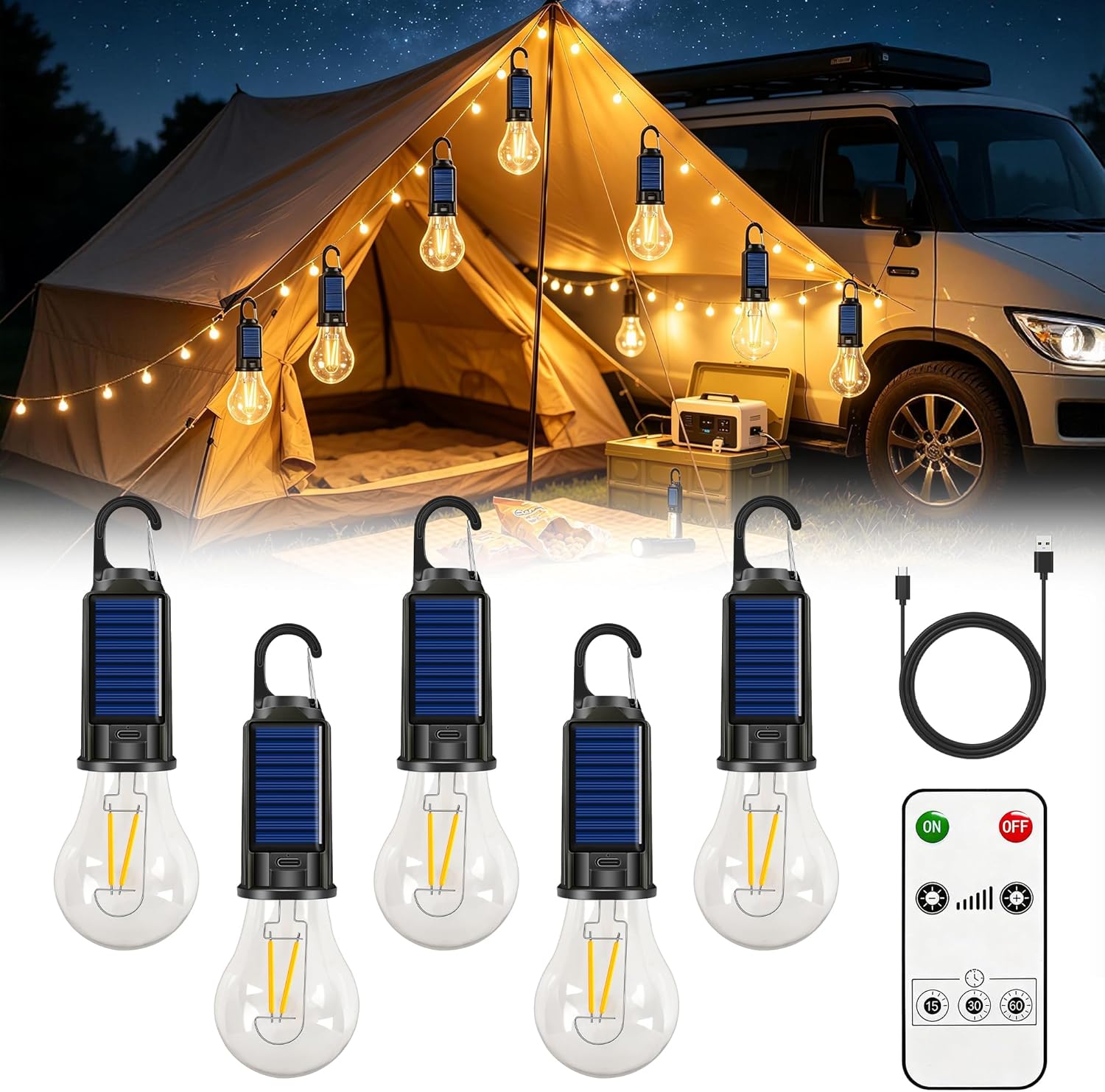 Campinglampe aufladbar 5er Set LED Solar 3 Helligkeitsstufen wasserdicht