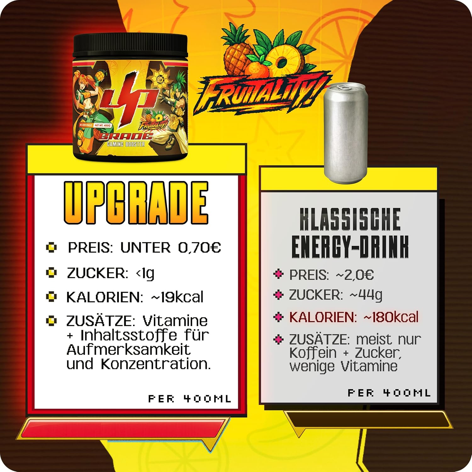 UP‑GRADE Gaming Booster Pulver 40 Portionen Fokus & Power verschiedene Sor