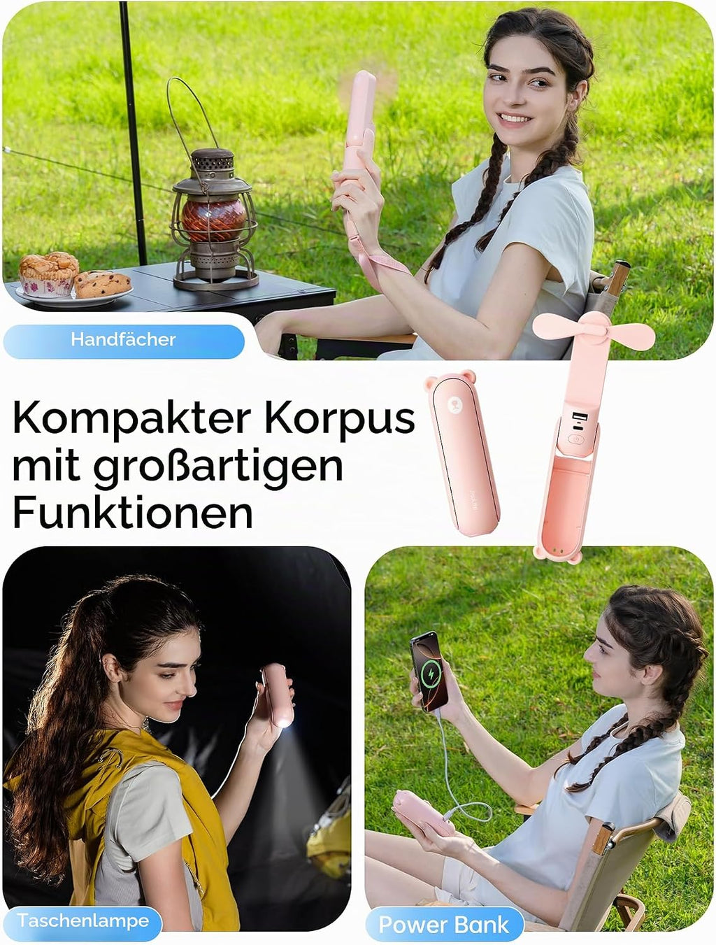 JISULIFE Mini Handventilator 3in1 mit 4500mAh Powerbank USB Akku Taschenlampe We
