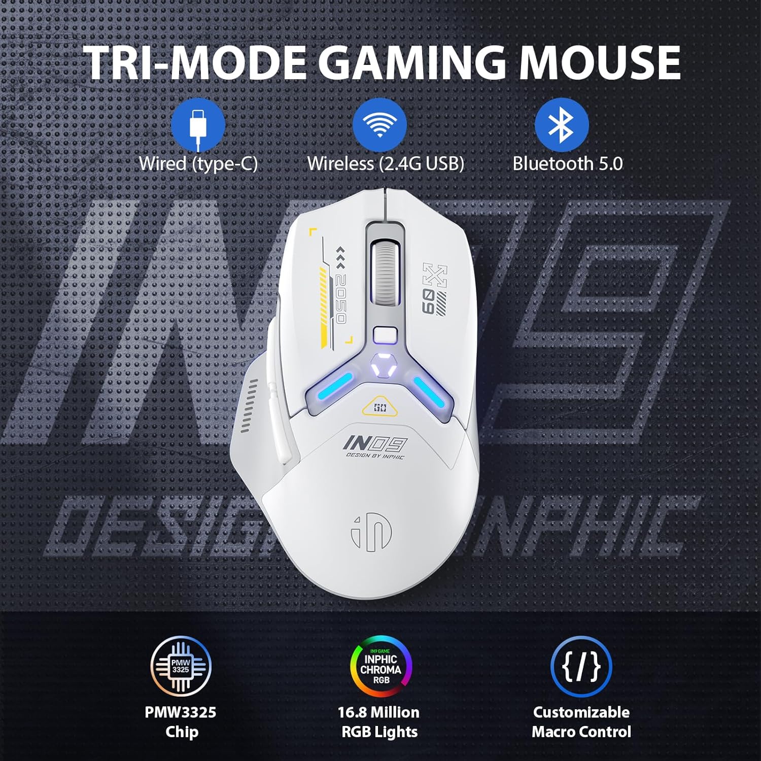 Inphic IN9 Gaming Maus kabellos 2.4G Bluetooth USB-C RGB 10000 DPI