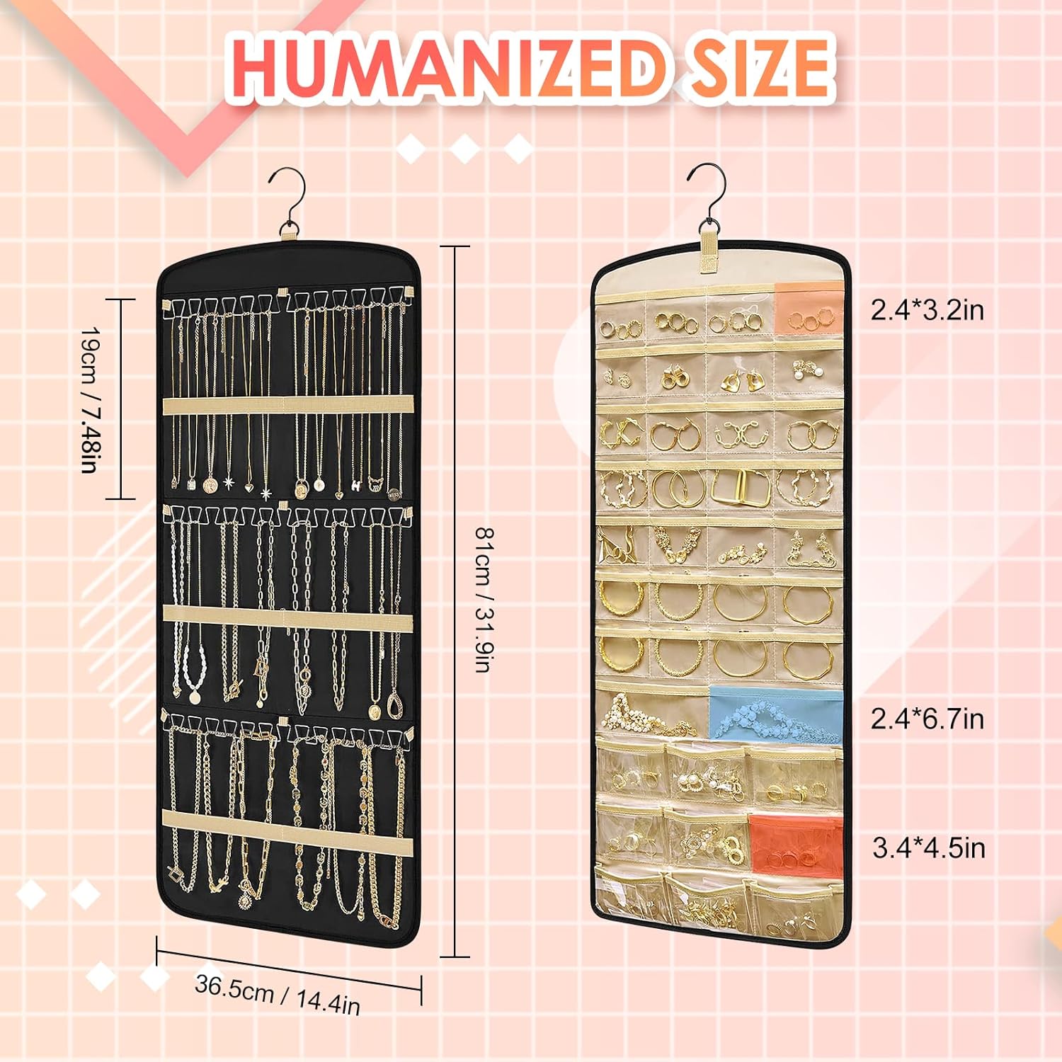 Schmuck-Organizer zum Aufhaengen mit Haken und Taschen, doppelseitig