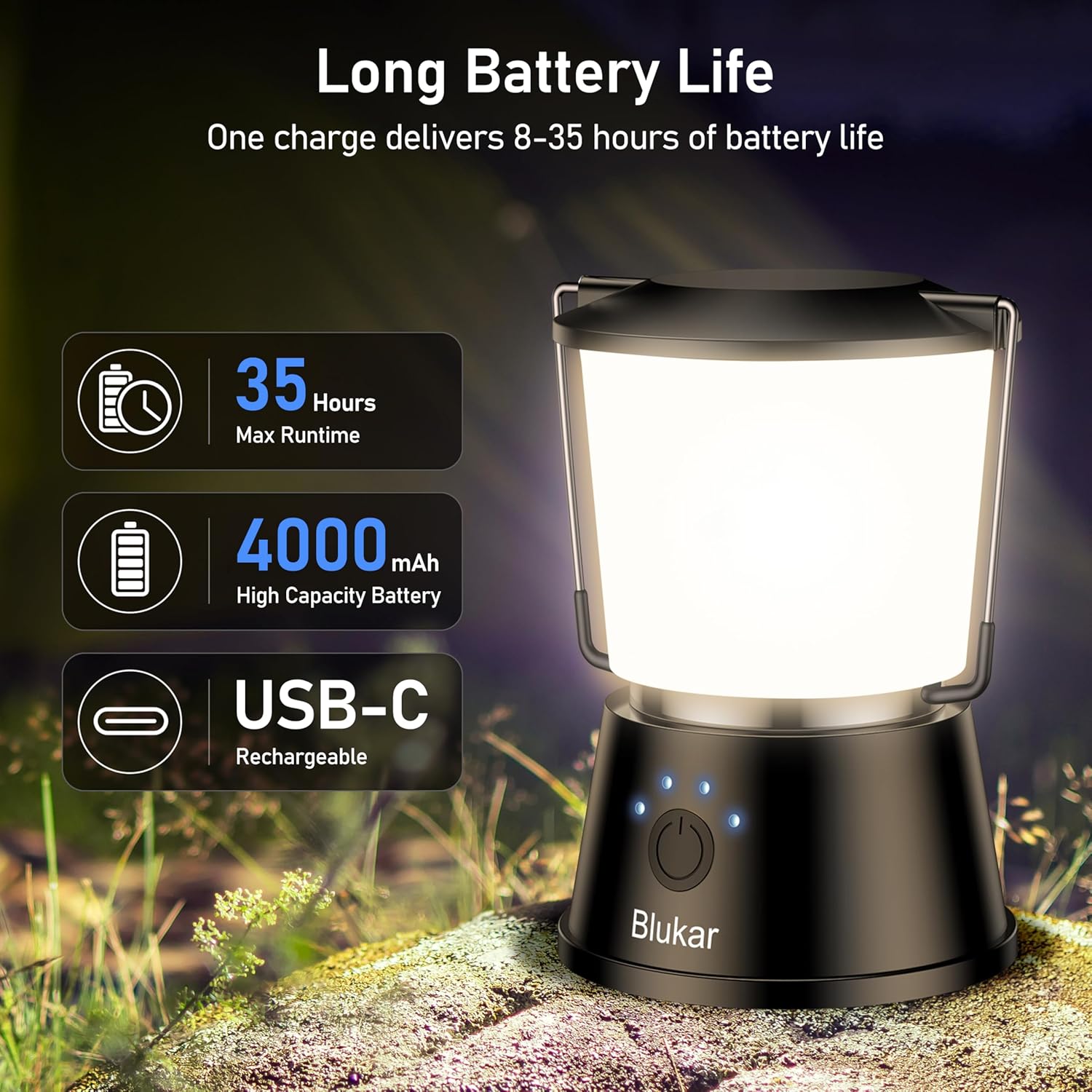 Blukar LED Campinglampe 2000 lm Aufladbar, Stufenlos dimmbar, 5 Modi
