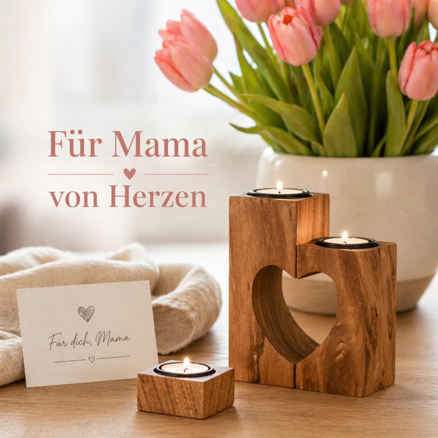 Teelichthalter Herz 3er Set aus Akazienholz 15 cm Valentinstag Geschenk
