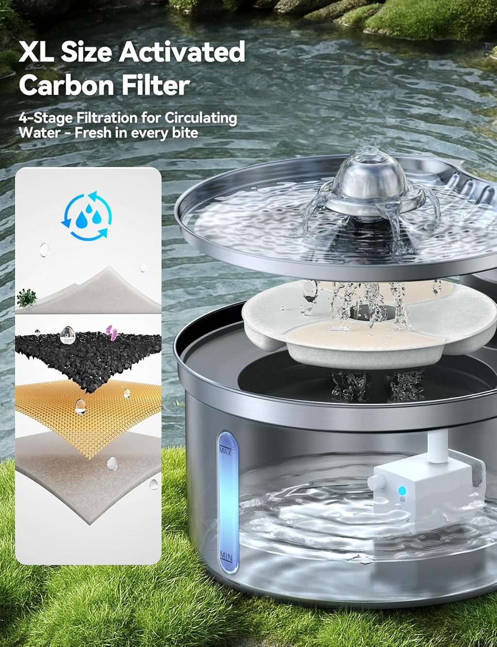 FEELNEED Katzenbrunnen Edelstahl kabellos 4000mAh Sensor Wasserspender