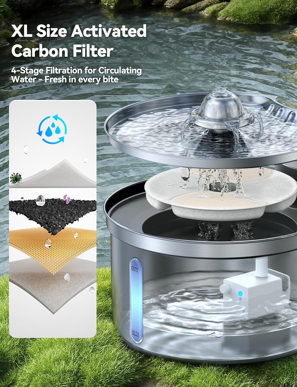 FEELNEED Katzenbrunnen Edelstahl kabellos 4000mAh Sensor Wasserspender
