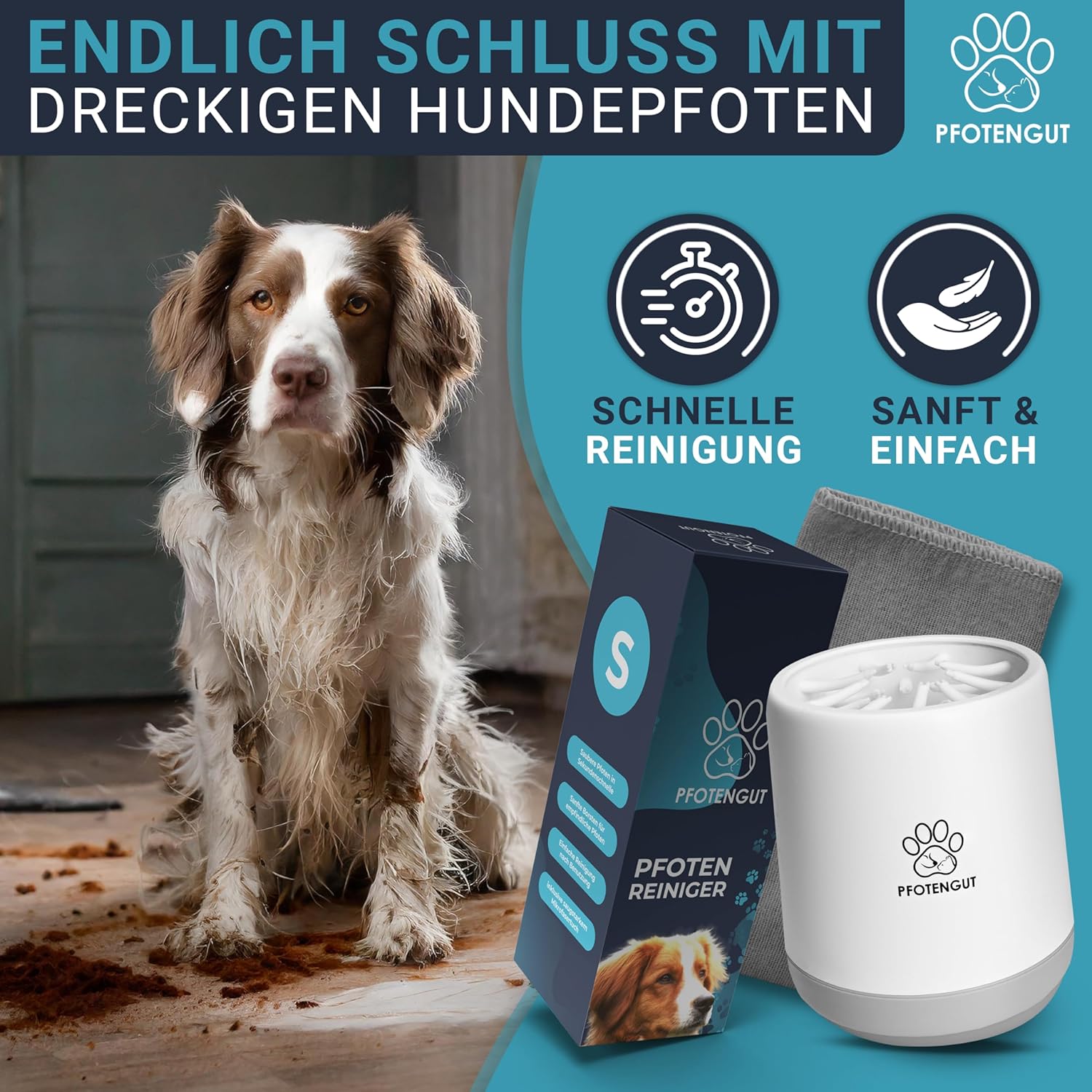 Pfotenreiniger Hunde Groesse S-L mit saugstarkem Mikrofaser-Handtuch S-L