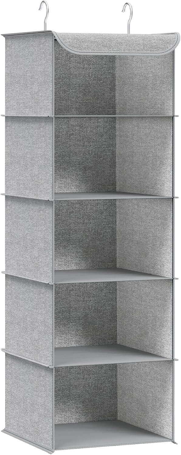 SONGMICS Haengeorganizer 4 Faecher faltbar Kleiderschrank Regal Hellgrau