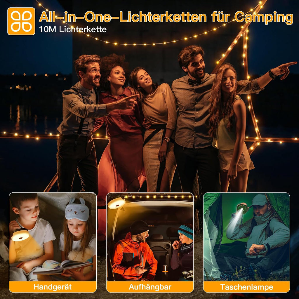 Ollny Camping Lichterkette 10m Aufrollbar Wiederaufladbar 8 Modi Dimmbar