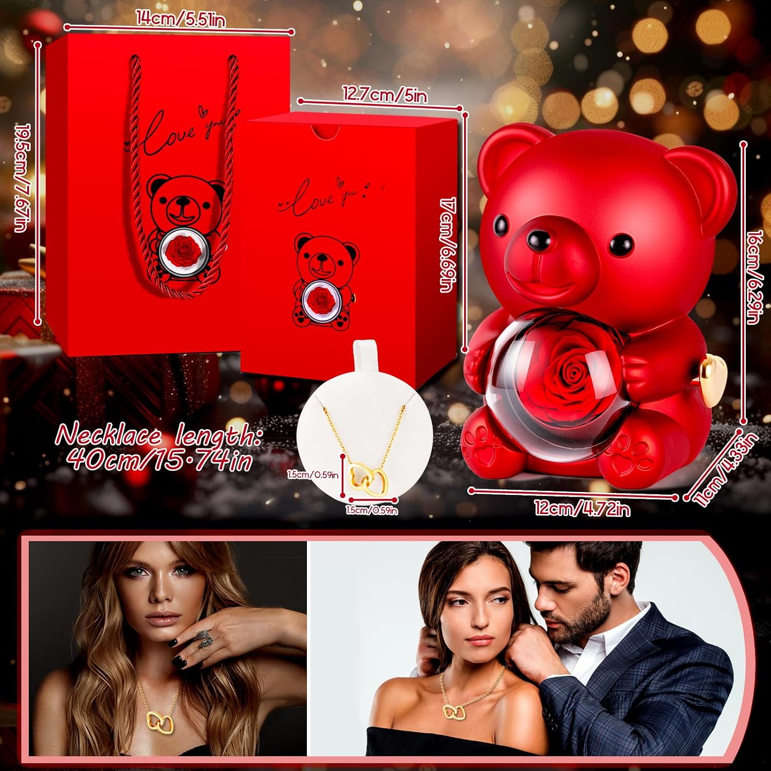Ewige Rose Baer Geschenkbox mit Halskette Valentinstag Geburtstag Frauen