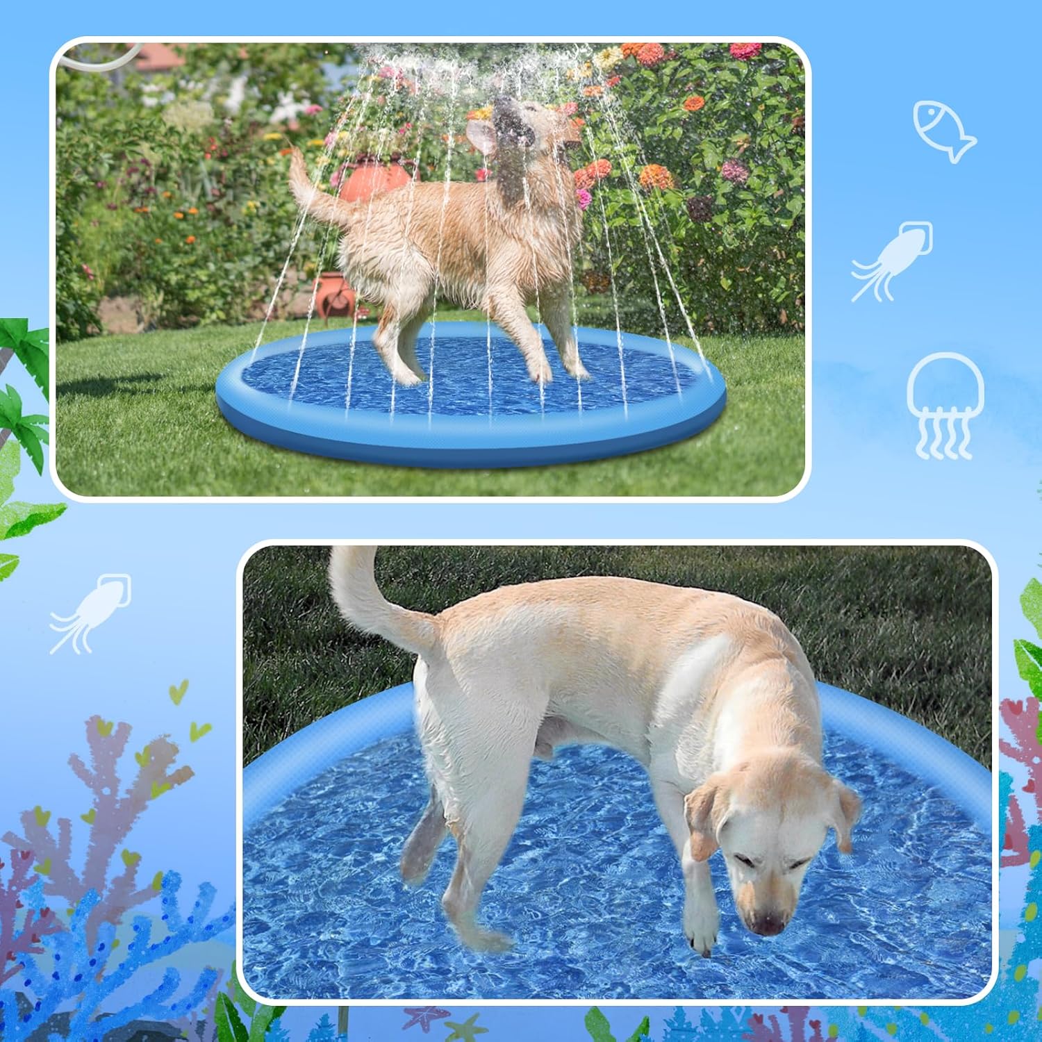 Jsdoin aufblasbarer Hundepool 100 cm blau faltbar verdickt Outdoor Sprinklermatt